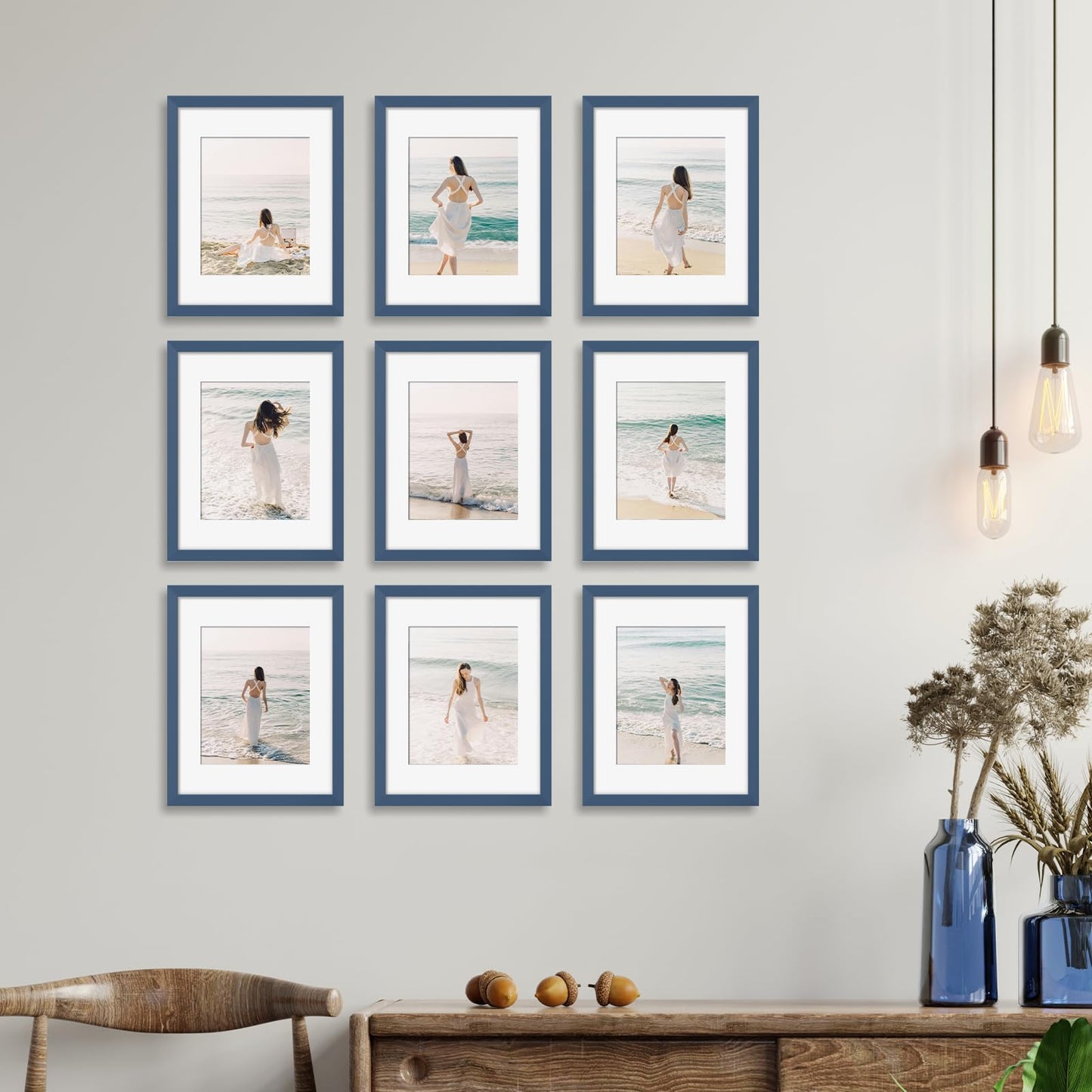 YESKAY 11x14 Picture Frame Set of 9 Photo Gallery Wall Frame Set Display Pictures 8x10 with Mat or 11 x 14 Without Multi Photo Frames for Wall Mounting or Table Top Display, Blue