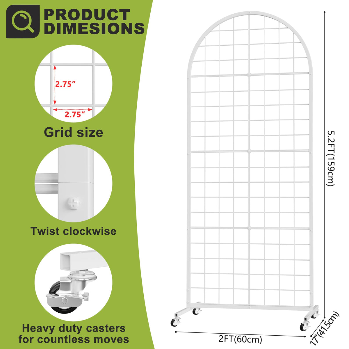 VGMiu Grid Wall Panel 1PCS Display Stand 2' x 5.2' FT White Grid Wall Panels Movable Retail Display Racks Floorstanding Gridwall Heavy Duty with Wheel for Art Craft Photo Displays Fair Trade Show