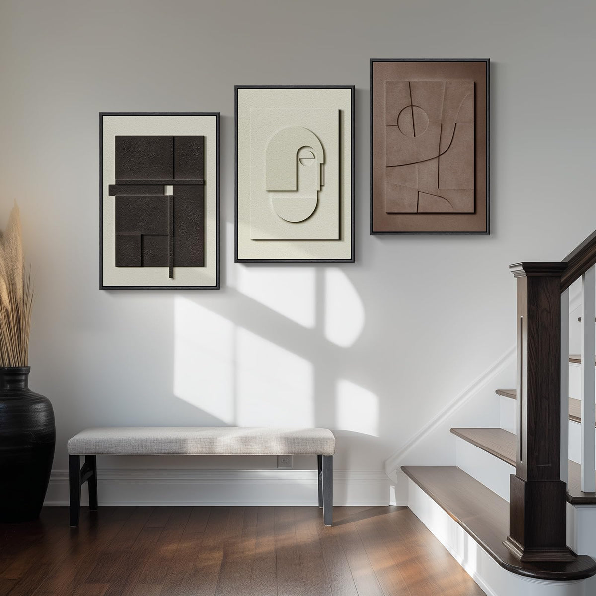 3D Textured Framed Abstract Wall Art, 3 Piece Modern Paintings Artwork for Walls, Black White Brown Geometric Sandstone Texture Pictures for Living Room Dining Room Bedroom Office Wall Decor 16x24 In