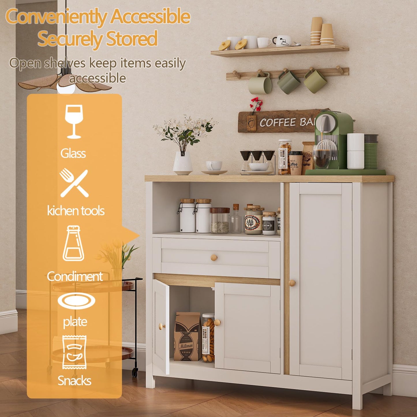 Viaozutis Storage Cabinet with Doors and Drawers,Kitchen Storage Cabinets，with Drawer and Adjustable Shelf（White）