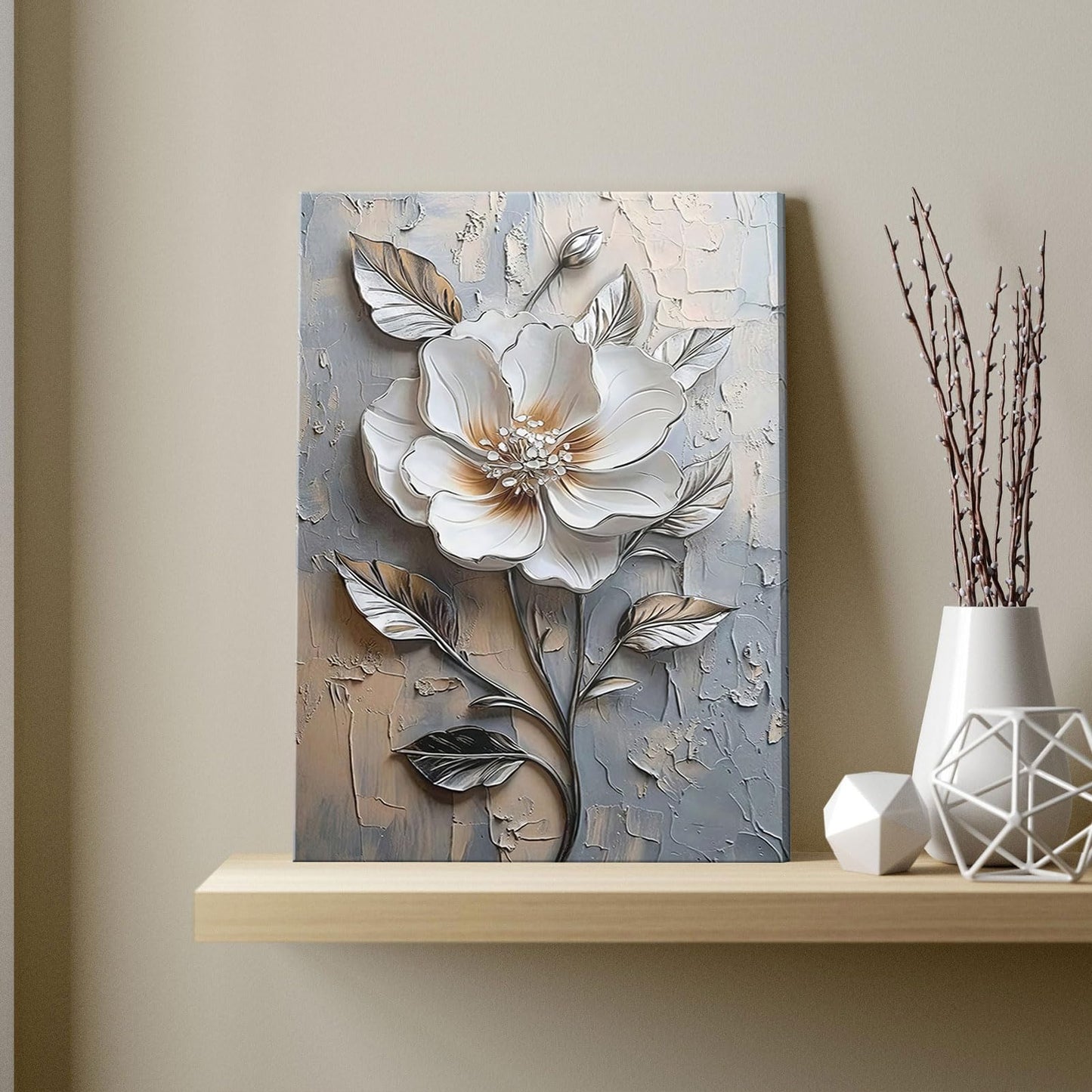 Elegant White Flower Canvas Wall Art Modern Abstract Floral Wall Decor Picture Blooming Flower Poster Print for Office Living Room Bedroom Bathroom Home Decoration 12x16in