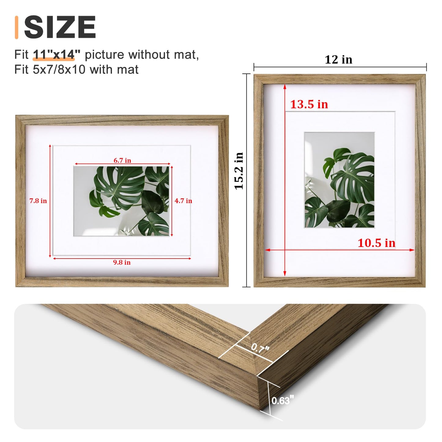 Egofine 11x14 Picture Frames with Plexiglass, Display Pictures 5x7/8x10 with Mat or 11x14 Without Mat Set of 4 for Tabletop and Wall Mounting, Carbonized Brown