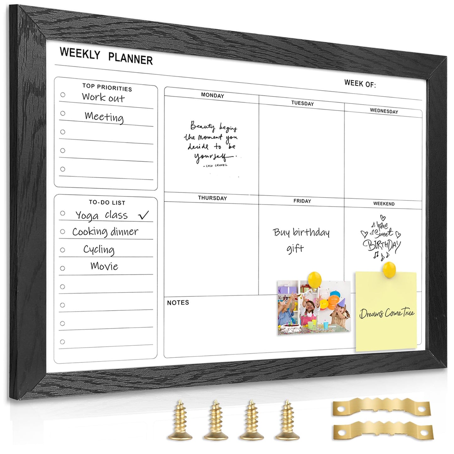 Marribol White Board Weekly Calendar Dry Erase Planner for Wall-16"X12",Black Solid Wood Frame,Minimal/Modern Design, Magnetic Whiteboard Planner for to Do List, Memo, School, Home, Office, Kitchen