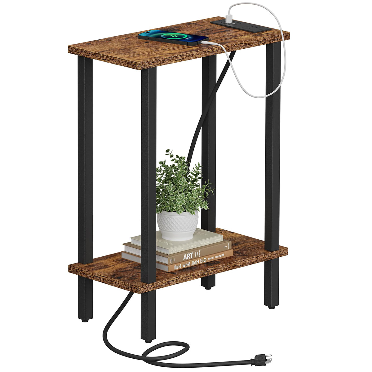 TUTOTAK Small End Table with Charging Station, Narrow Side Table with USB Ports and Outlets, Skinny Sofa Table, Slim Nightstand, Living Room, Bed Room, Brown TB01BB060