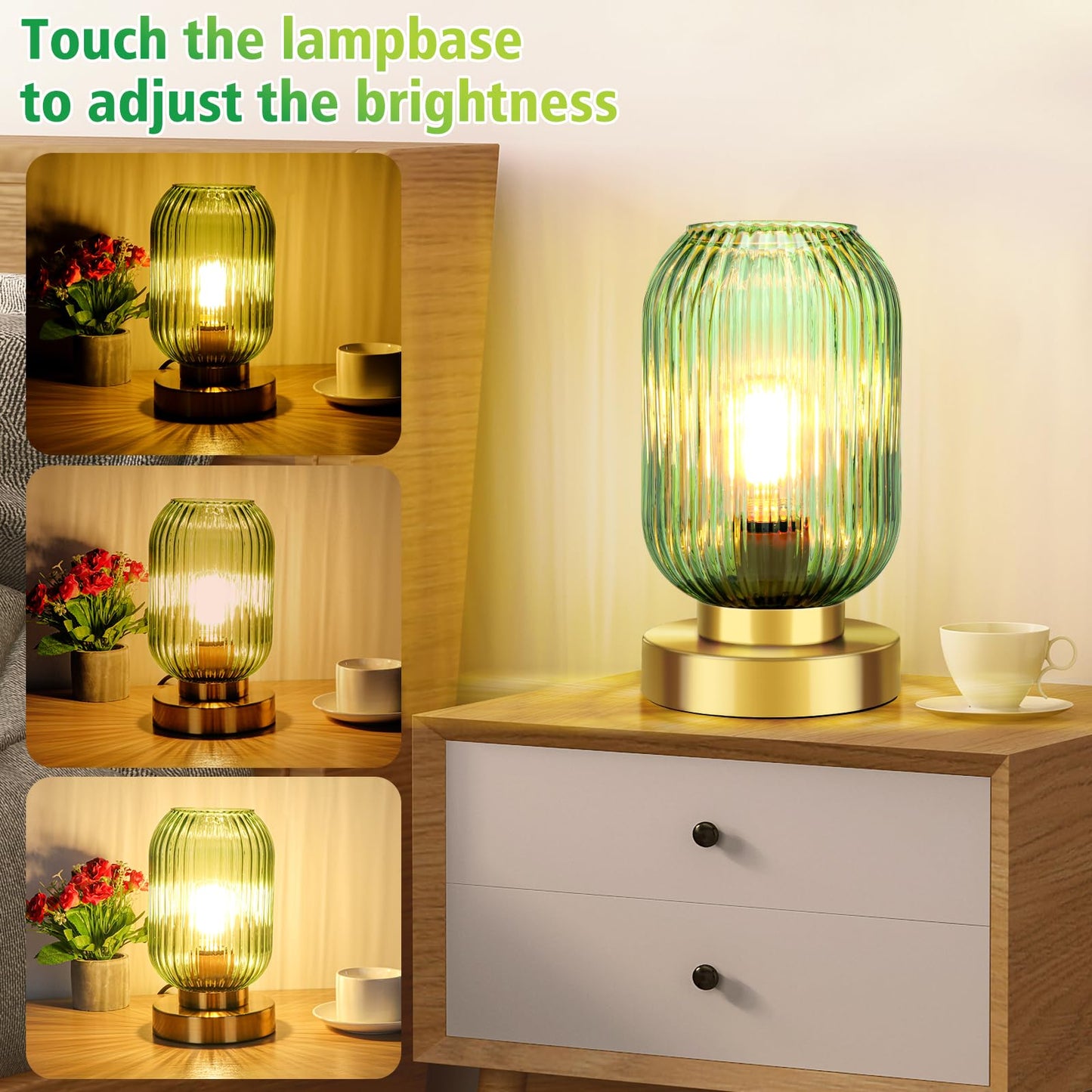 LEDIKON Mid Century Modern Table Lamp, Touch Control & 3 Way Dimmable, Green Ribbed Glass Shade, Small Gold, Vintage Bedside Lamp for Bedroom, Living Room,Office (Bulb Included)