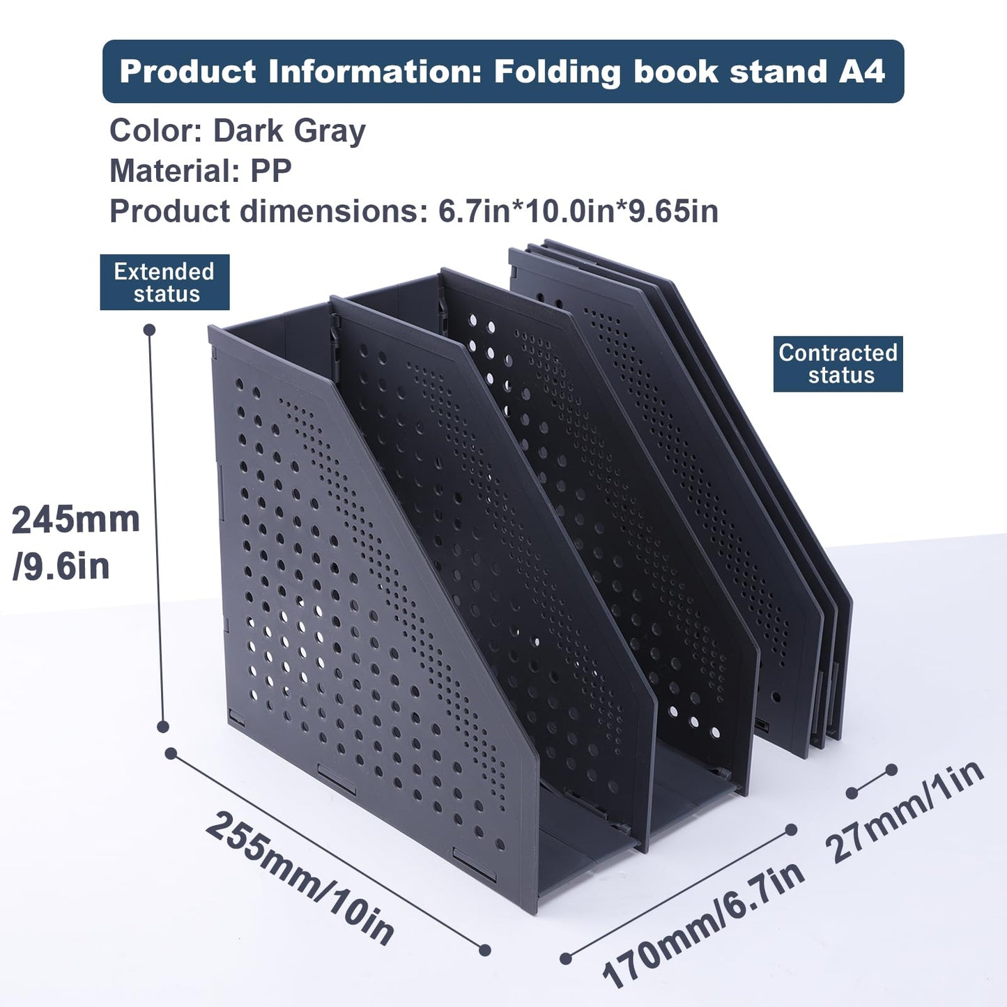 FRETONBA Collapsible Magazine File Holder with 2 Vertical Compartments Foldable Binder Holder for Desk Binder Storage Organizer Plastic Magazine Holders for Shelf, Dark Gray