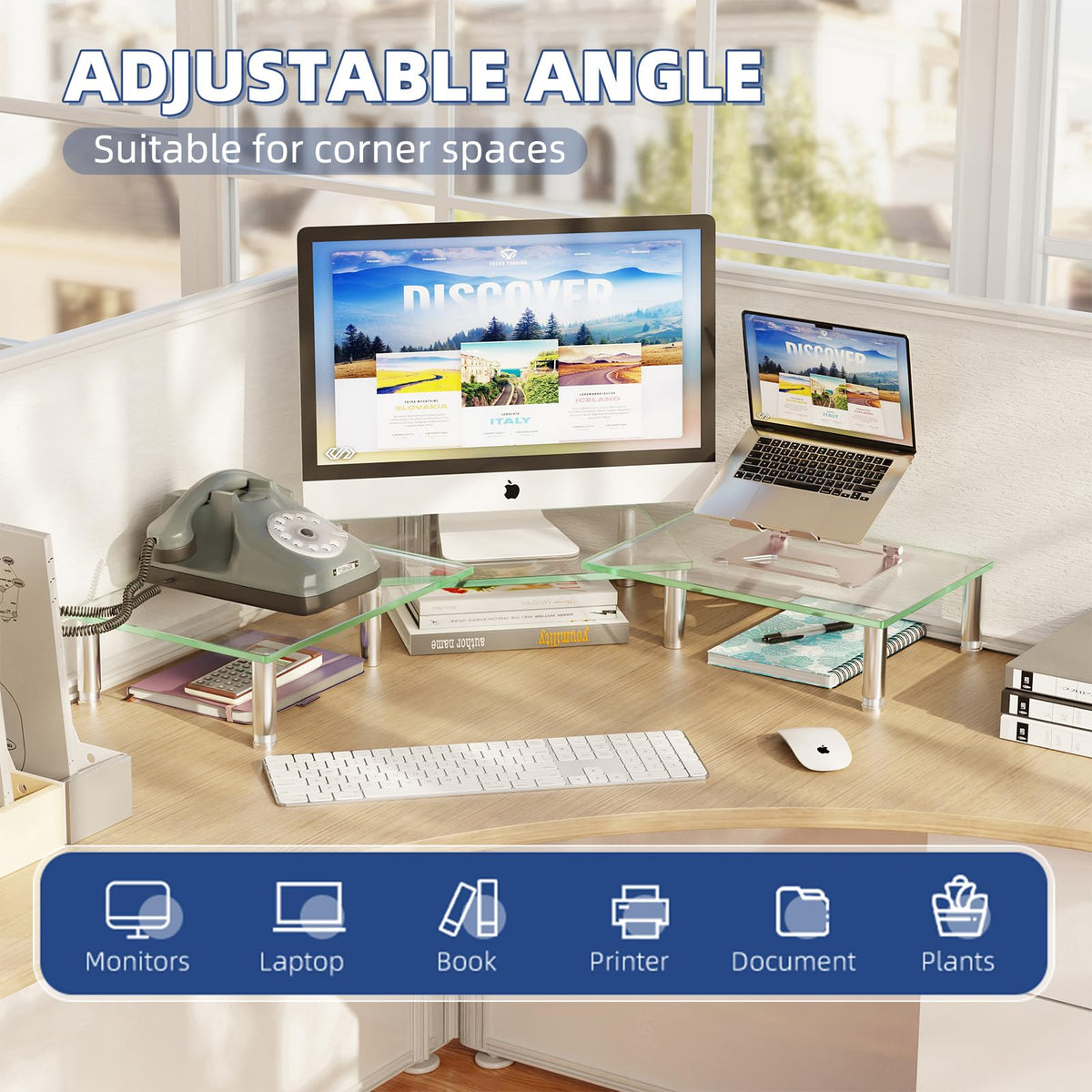 Simple Trending Dual Monitor Stand Riser, Computer Office Desktop Organizer for 2 Monitors with Tempered Glass, Adjustable Length and Angle Stand for Laptop,Printer,TV