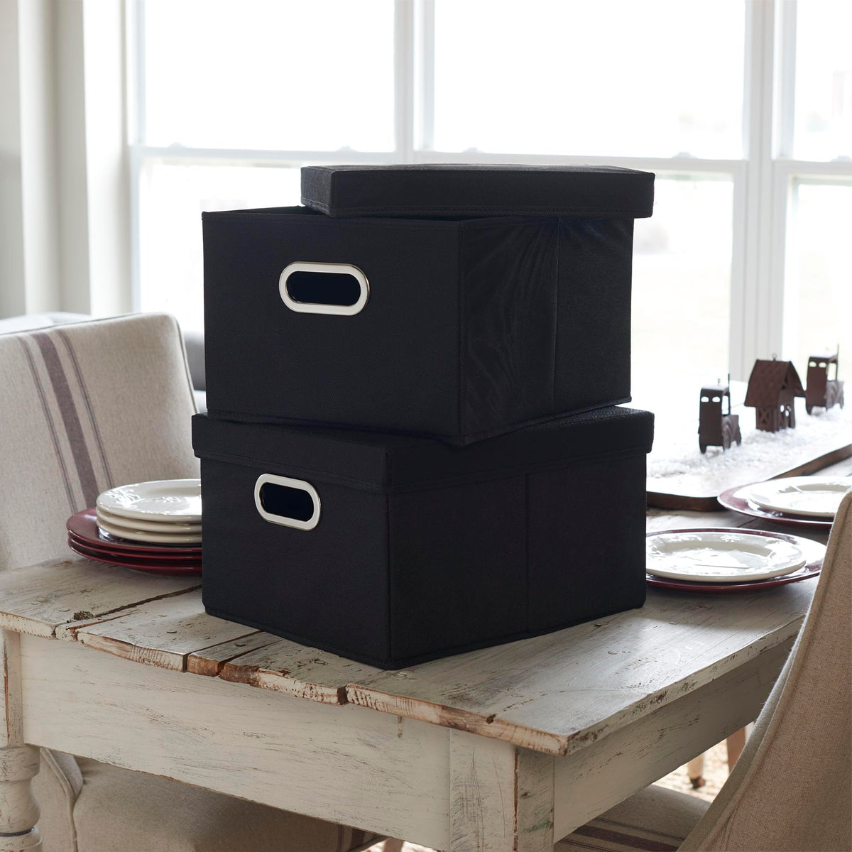 Household Essentials Fabric Storage Boxes with Lids and Handles, Black