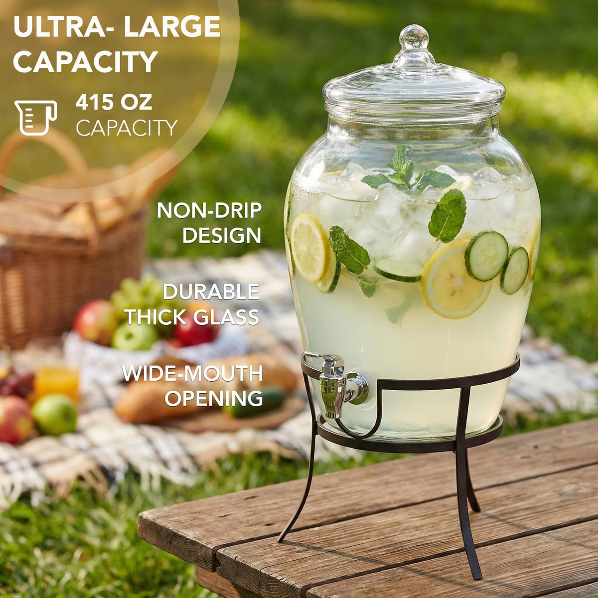 Style Setter Beverage Dispenser Cold Drink Dispenser Glass Jug, Metal Stand & Leak-Proof Acrylic Spigot Great for Parties, Weddings & More (With Metal Rack)