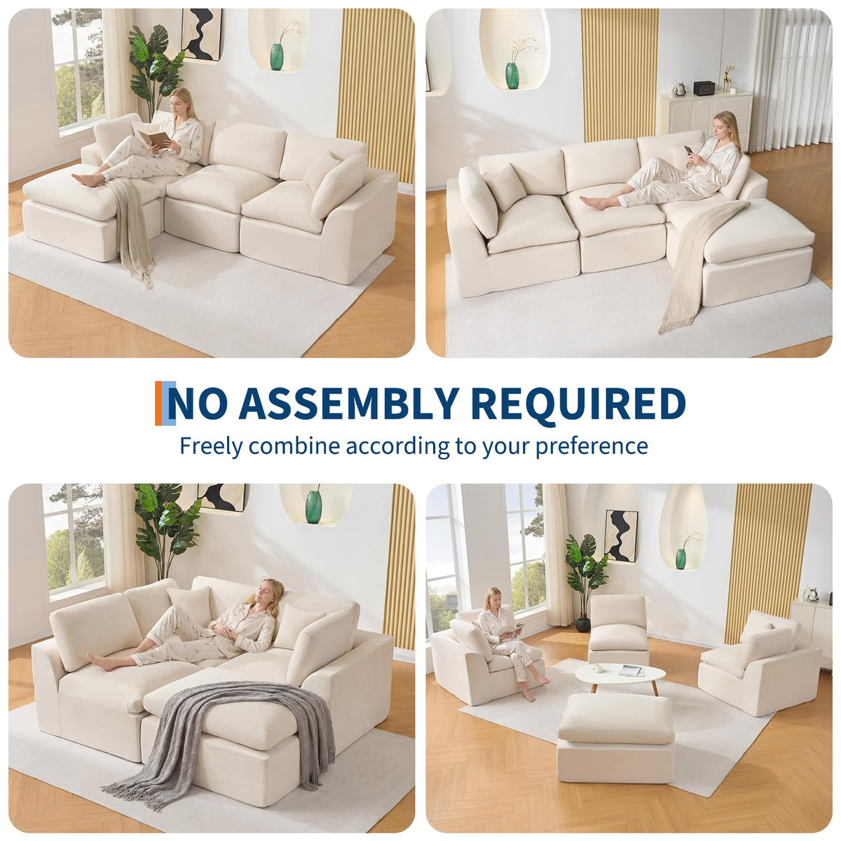 Garvee Modular Sectional Sofa, 110'' Sponge Compression Sofas with Deep Seat, Sectional Couches for Living Room and Bedroom, No Assembly Required, White