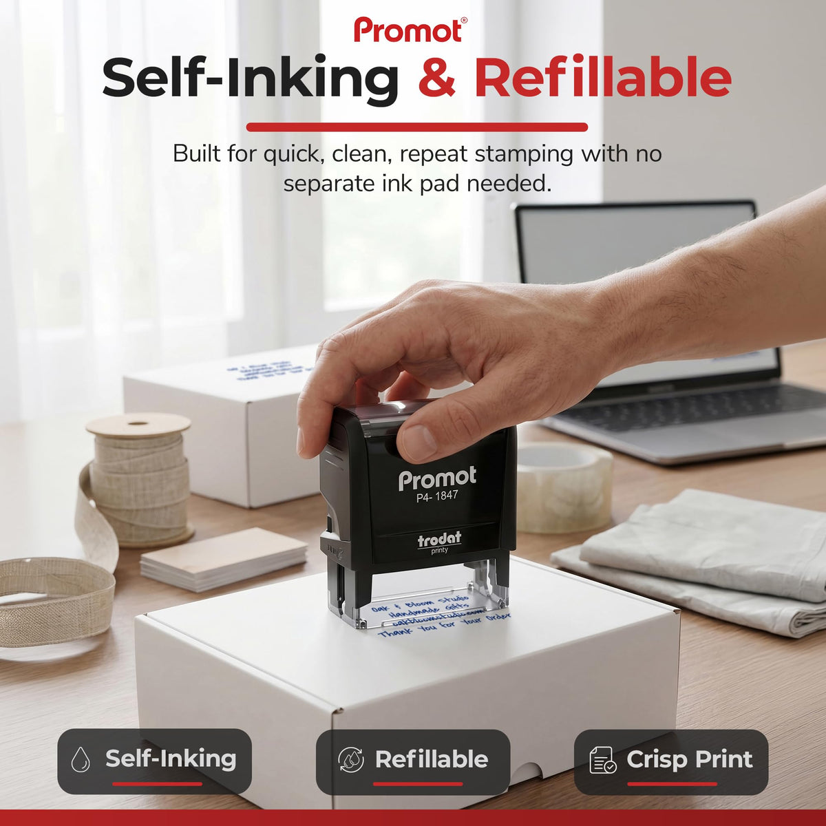 Promot Self Inking Custom Stamp - Up to 4 Lines of Personalized Text, Customized Address Stamp with Easy to Change Ink Cartridge (Medium)