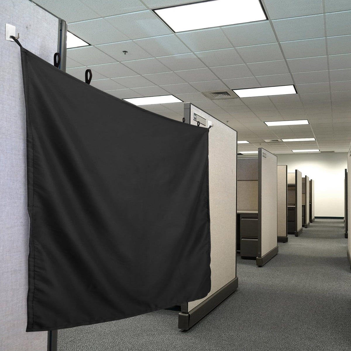 Pinkunn 60 x 53 Inch Black Adjustable Office Cubicle Curtain with Stainless Steel Self Adhesive Hook Extra Large Portable Privacy Door Partition Room Office Divider