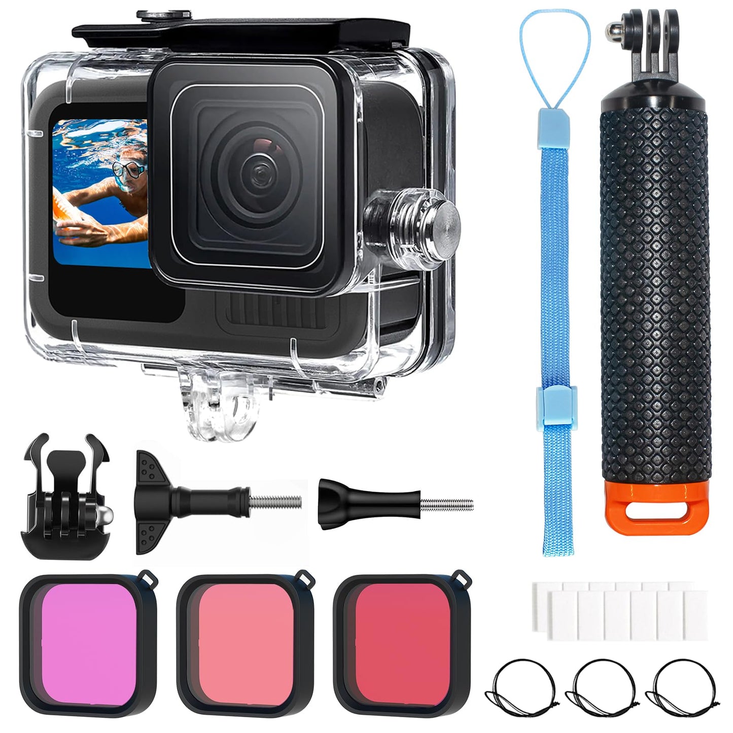 OKFUN Waterproof Housing Case with 3Pack Filters for Go Pro Hero 13 Hero 12 Hero 11 Hero 10 Hero 9 Black,Protective Underwater Dive Shell Monopod Floating Hand Grip Pole Stick Action Camera Accessory