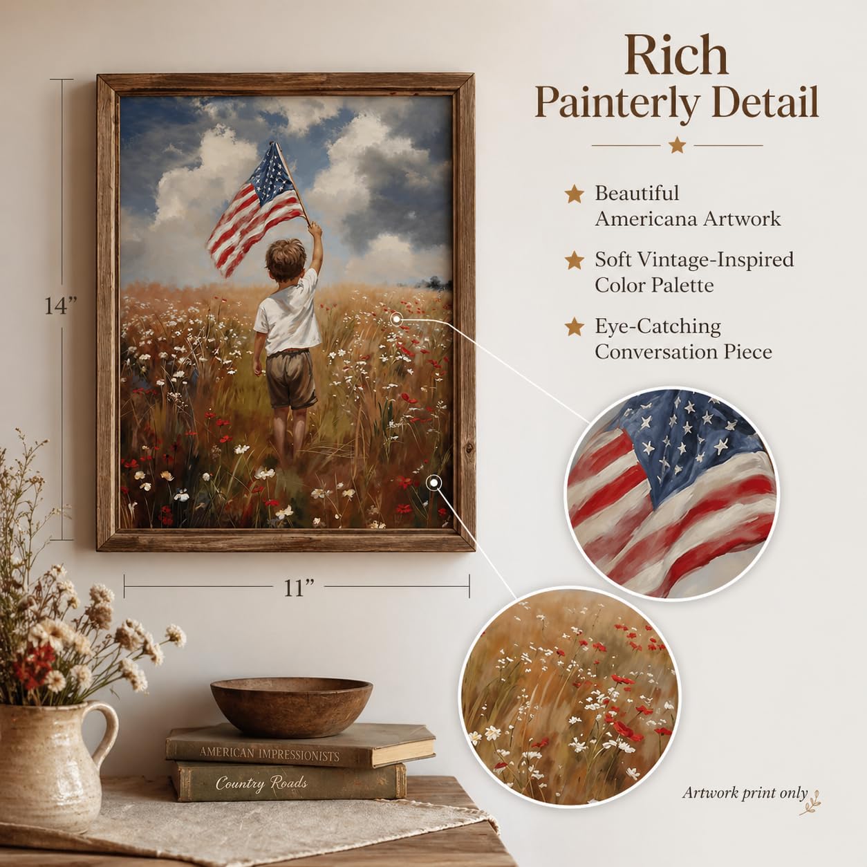 America the Beautiful Painting-11x14 Unframed Poster- Boy Holding American Flag in Meadow of Wildflowers, 4th of July Living Room or Kids Room Decor, USA Freedom Landscape, Youthful Patriotism Artwork