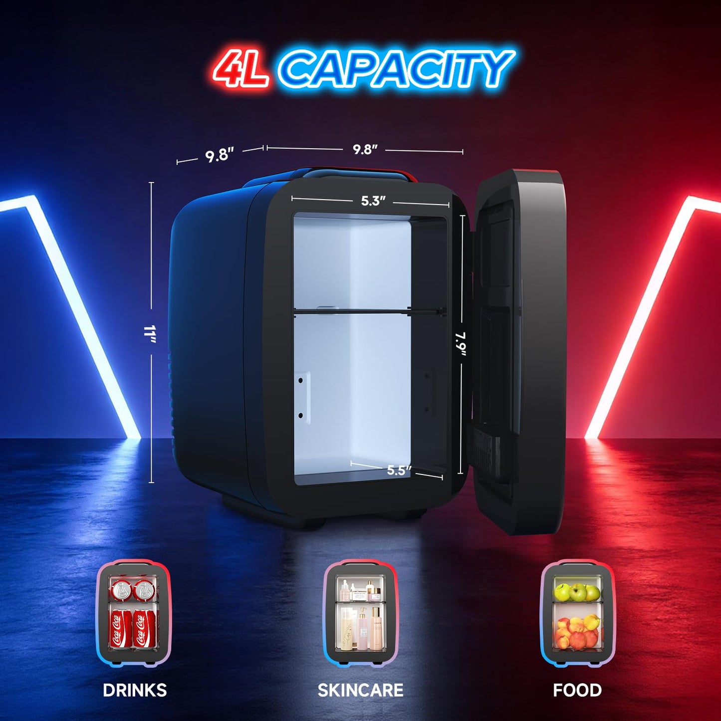 BEICHEN Mini Fridge, 4L/6 Can Small fridge with Dimmable Gaming Light for Bedroom,Office,Gaming room and Car,AC/DC Portable Thermoelectric Cooler & Warmer for Food, Drinks, Skincare,Black
