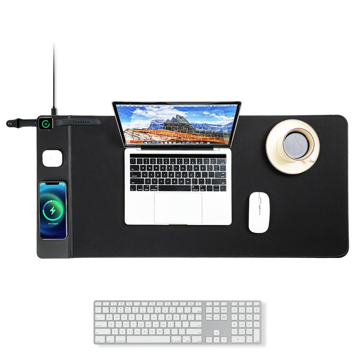 VOVIPO 3 in 1 Wireless Charging Mouse Pad, Gaming Mousepad with Wireless Charger Multiple Devices Compitable with Watch/iPhone/Airpods, Large Desk Mat 90 x 40cm,Desk Pad for MacBook, PC, Laptop-Black