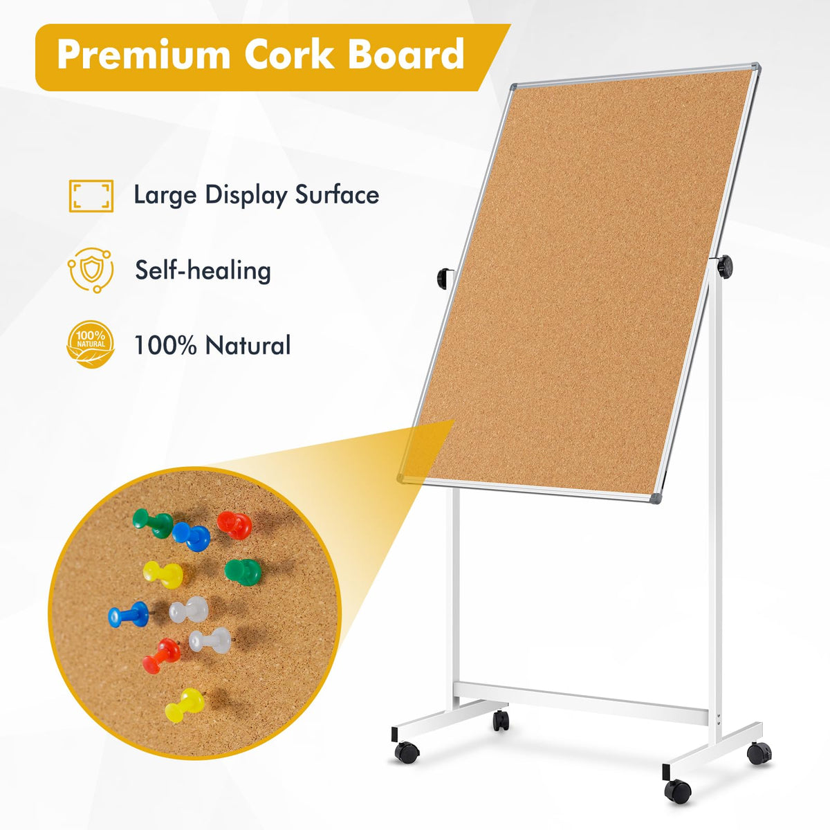 Rolling Whiteboard Corkboard Combo with Stand 24"x40", Double-Sided Mobile Dry Erase Bulletin Board on Wheels, Reversible Height Adjustable Standing Board for Home & Office