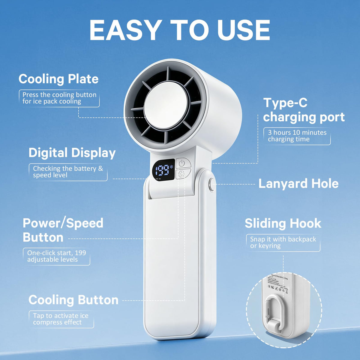 Wupsaoe Handheld Portable Turbo Fan with Ice Cooler, Speed (1-199) Rechargeable Personal Fan,Powerful Mini Personal fan for Travel, Outdoor, Beach & Makeup