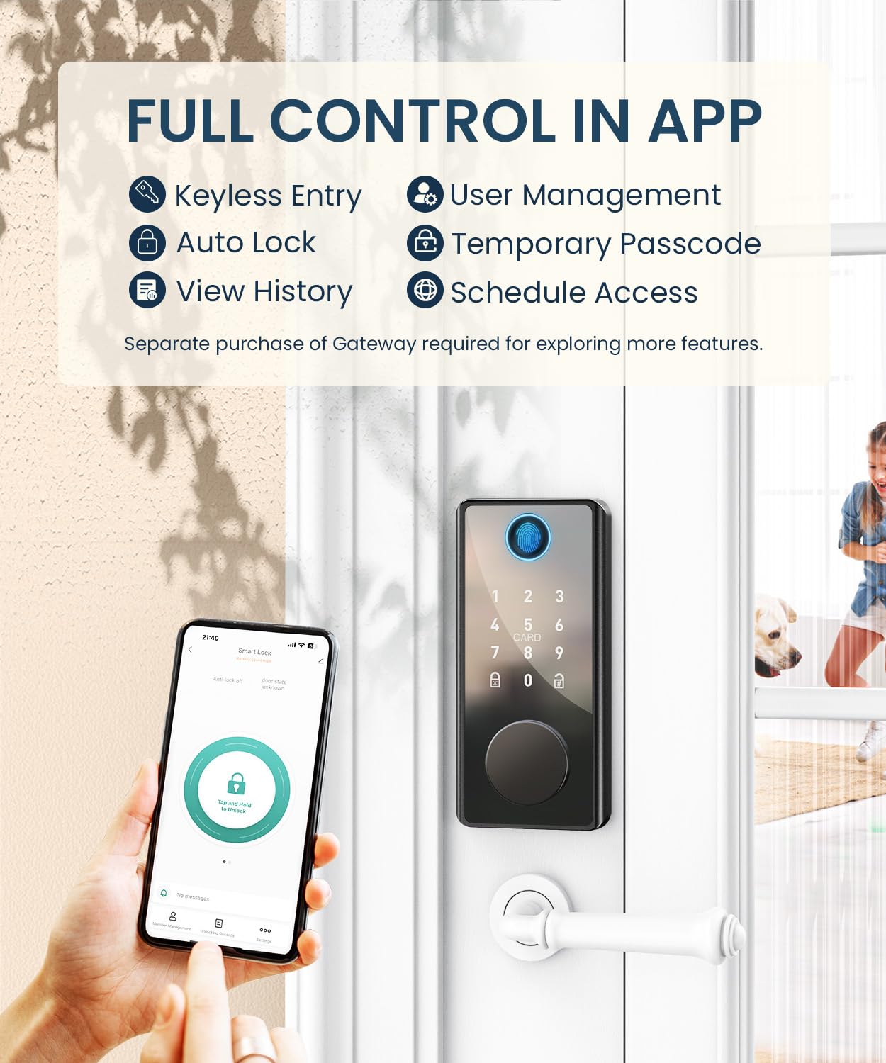 Keyless Entry Smart Deadbolt Lock – Keypad Fingerprint Touchscreen & App Control, Smart Door Lock, Easy Install for Home/Office, Auto-Lock