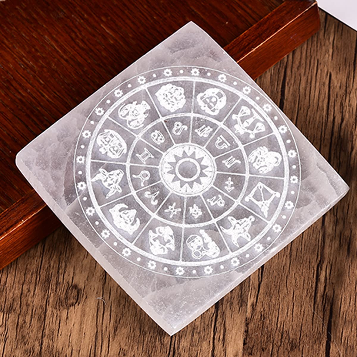 JIC Gem 4" Square Selenite Charging Plate 12 Star Engraved Selenite Slab Healing Crystal Charging Station