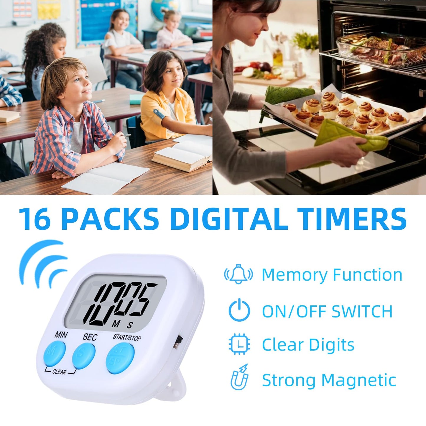 16 Packs Digital Timer Multi-Function Electronic Timers for Classroom Small Magnetic Countdown Stopwatch Mini Loud Alarm Stop Clock for Kitchen Cooking Games Meeting Study Work Baking Sports Office
