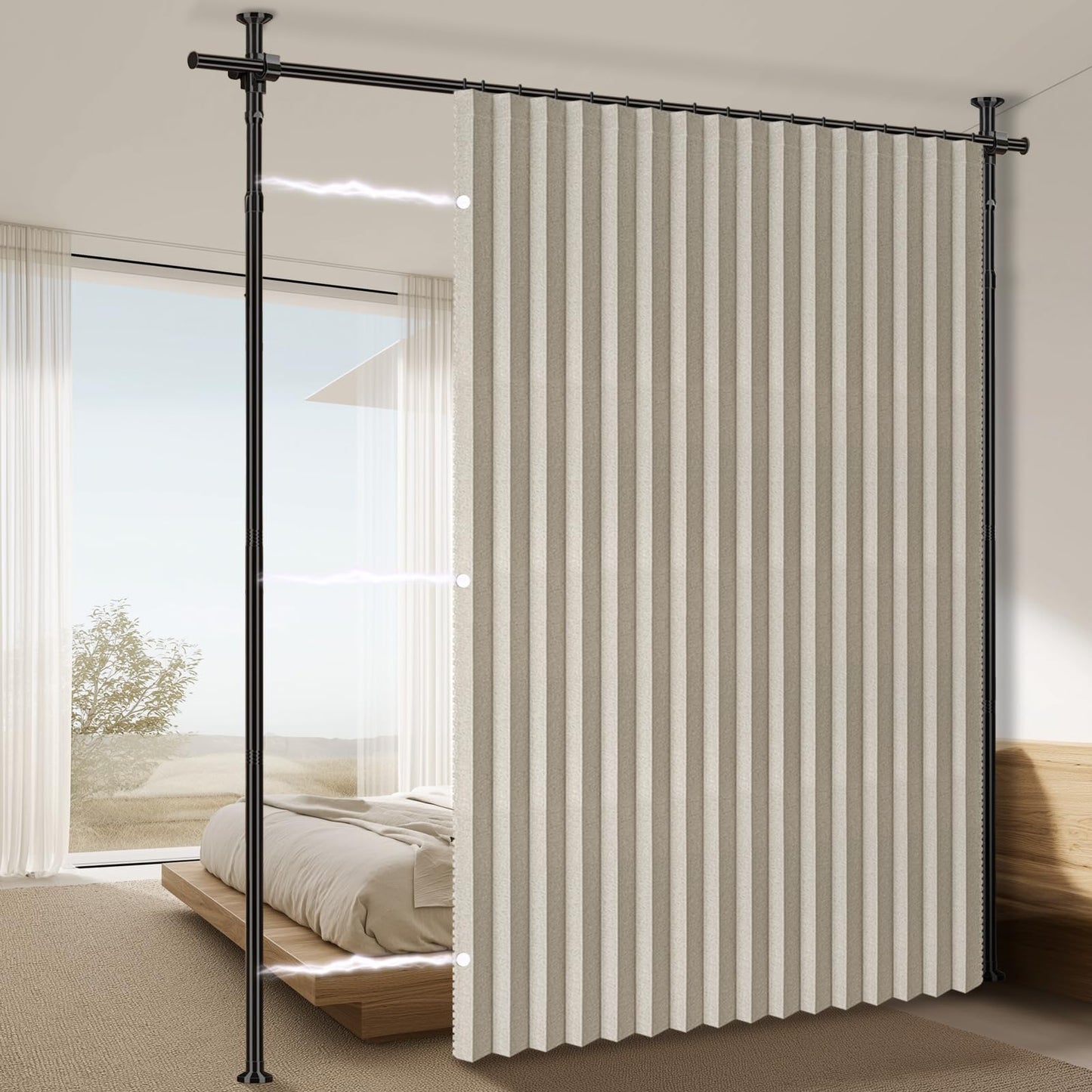 AJAZZ 100% Blackout Room Divider Curtains Sets Cream White W100 x L96 in,1 Panel Curtain Rods No Drilling Adjustable Tension (H) 43-120×(W) 35-100 in for Office Privacy Partition Separator