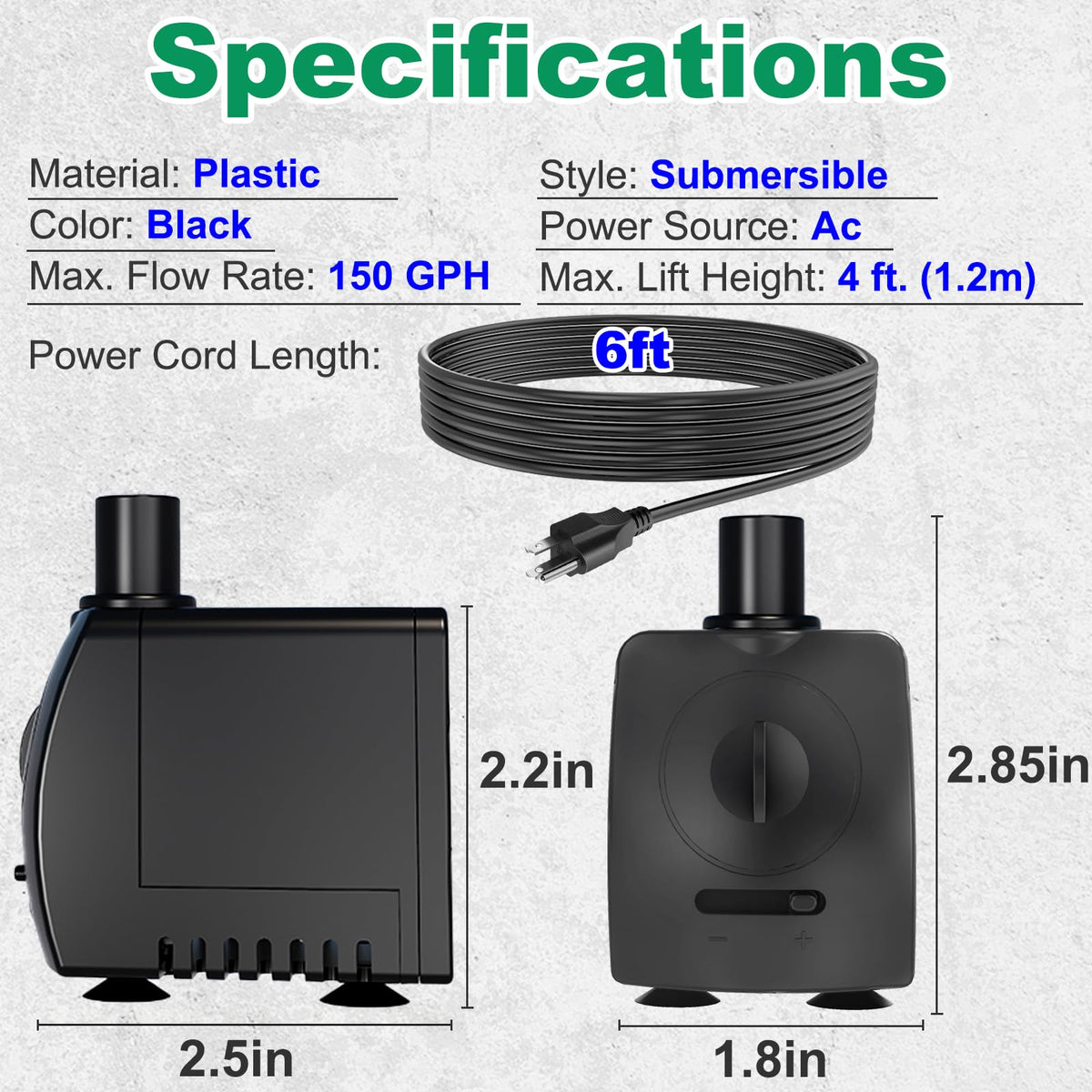 Knifel Submersible Pump 150GPH (550 L/H 9.5W) Ultra Quiet with Over Heating Protection 4ft High Lift for Fountains, Hydroponics, Ponds, Aquariums & More