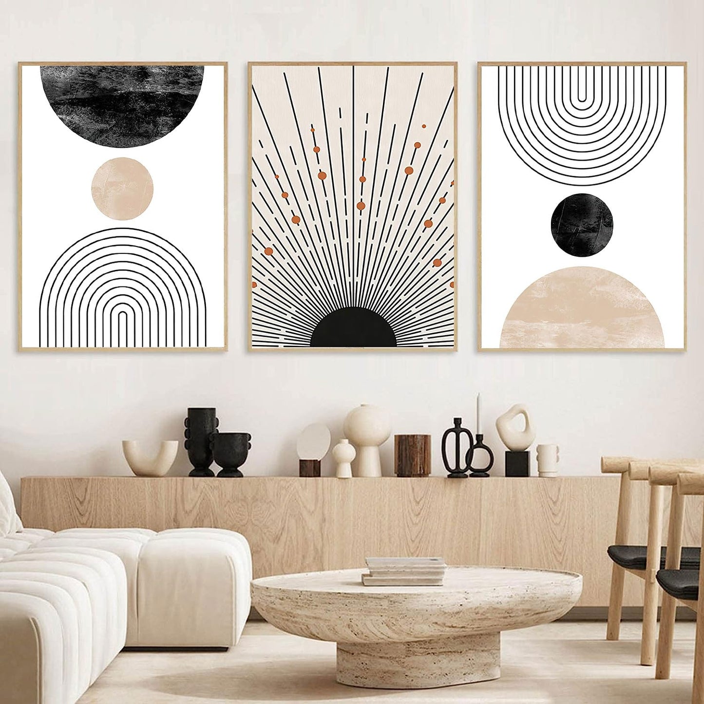 LOARTVE 3Pcs Beige Boho Wall Art Mid Century Modern Wall Decor Pictures Neutral Abstract Geometric Line Minimalist Canvas Posters Prints for Living Room Bedroom Office Home Decoration Unframed