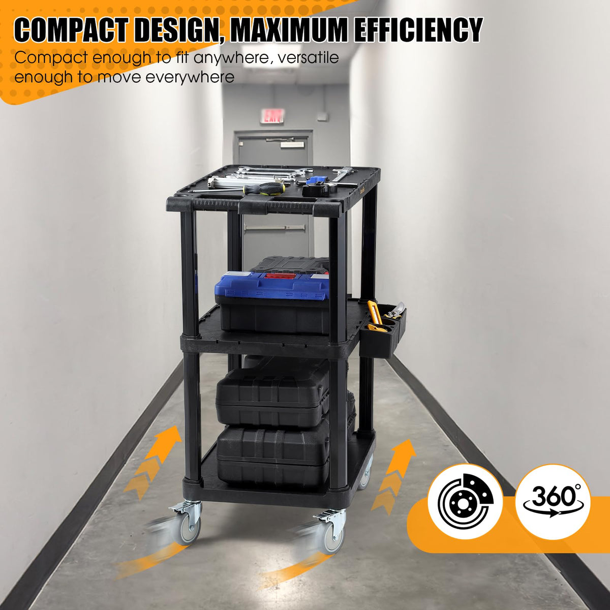 ELAFROS Heavy Duty Utility Cart, 27.5 x 18.25 Inch, 3-Tier Rolling Cart, Industrial Plastic, 330 lbs Capacity, Flat Top Shelves with Swivel Wheels - Multipurpose Work Cart