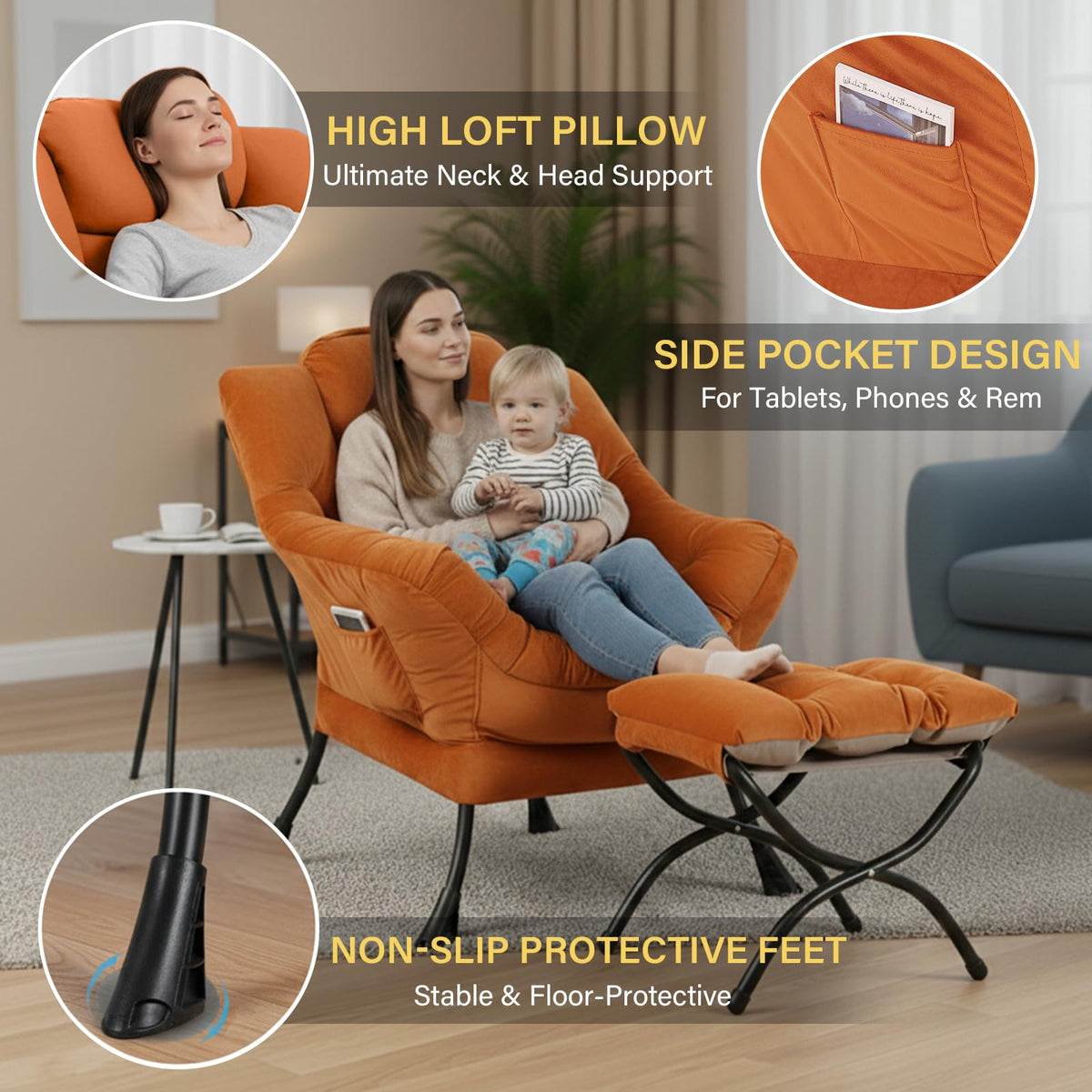 Givjoy Lazy Chair and Ottoman, Large Accent Orange Velvet Chair with Side Pocket, Modern Leisure Upholstered Reading Armchair with Footrest for Office, Bedroom, Living Room, Dorm Rooms, Balcony
