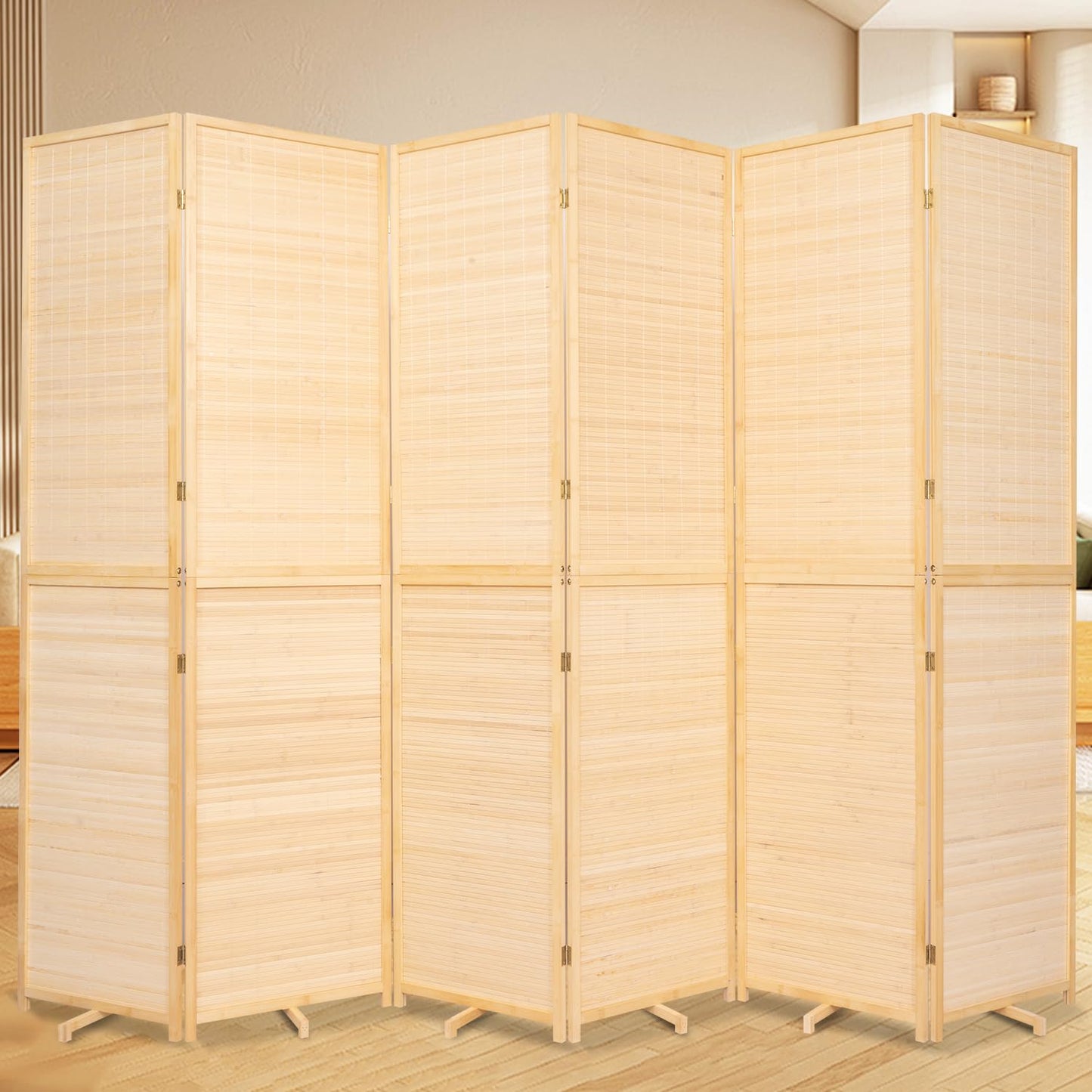 JVVMNJLK Room Divider, 5.6 FT Tall Folding Privacy Screen, Partition Divider for Room Separation, Portable Freestanding Wall Divider for Room, Bamboo Mesh Woven Design, (Beige, BM-6-Panel 67”)