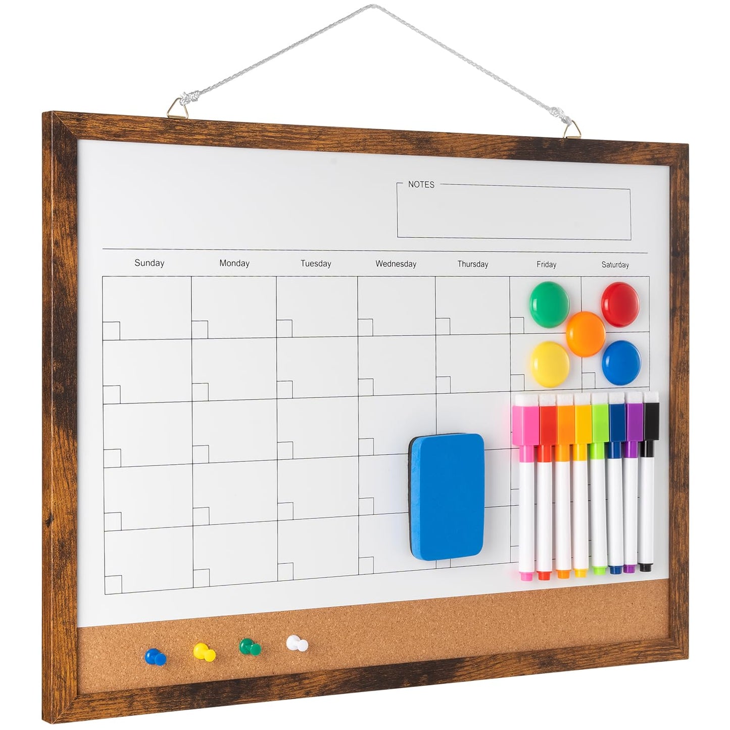 Dry Erase Calendar Whiteboard, 17" x 13" Magnetic Whiteboard Cork Board Combo, Reusable Monthly Planner with 8 Markers, Eraser, Magnets and Pushpins, Hanging Dry Erase Board for Home, School - Brown