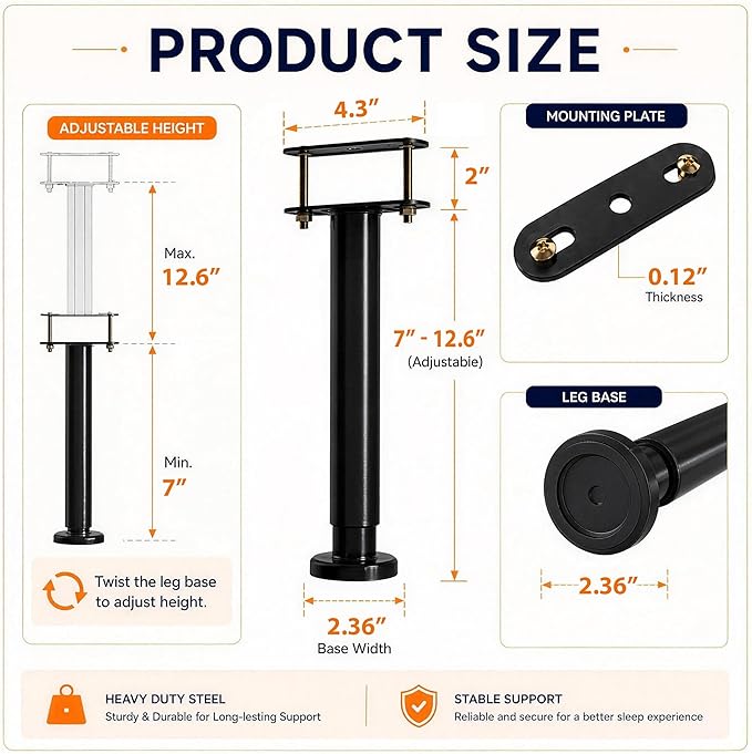 Under Bed Metal Support Legs, Adjustable Height Bed Frame Support Leg, Bed Slat
