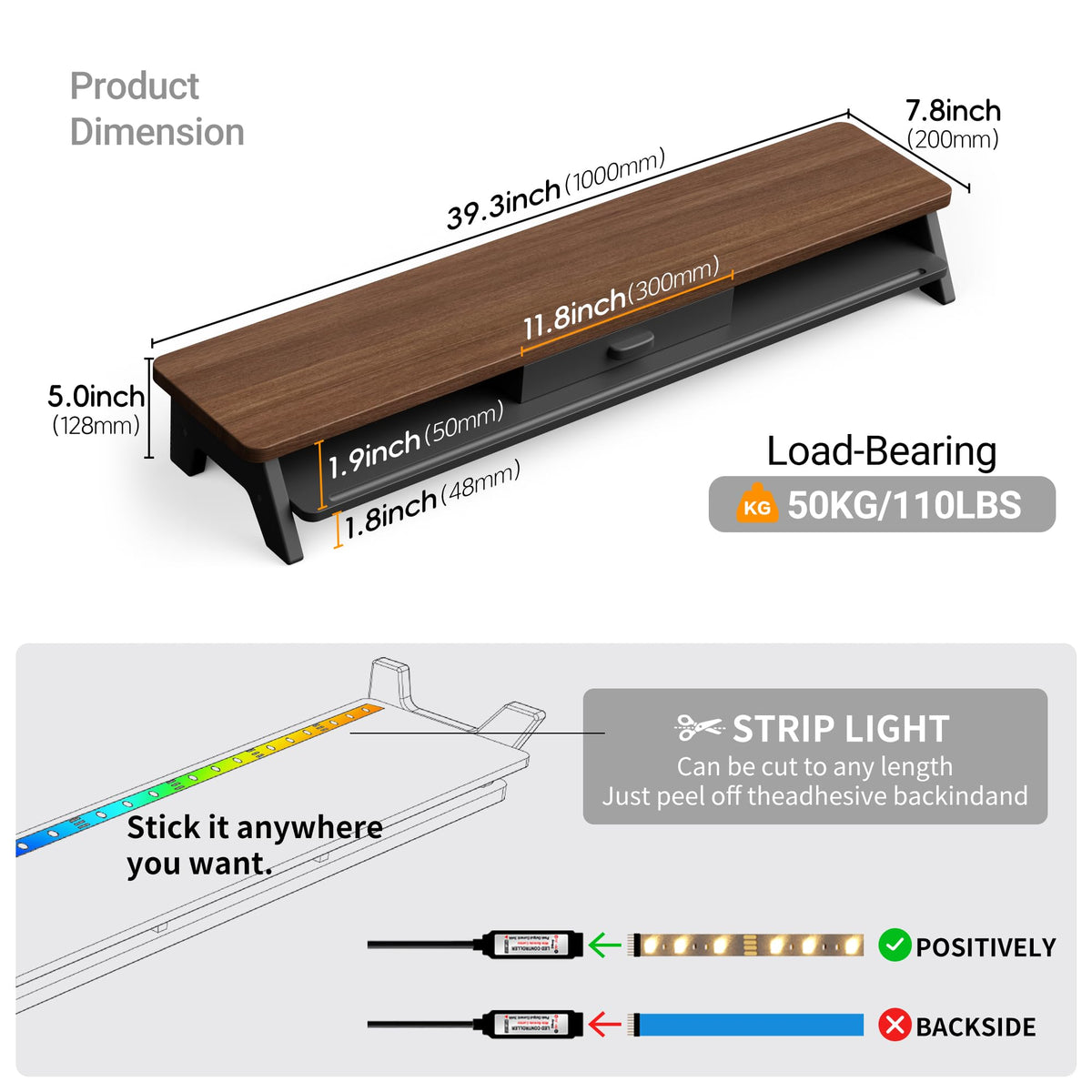 AFOOYO Dual Monitor Stand Riser,LED 2-Tier 39.3 Inch Computer Monitor Stand for 2 Monitors,Office Desktop Organizer with Storage Drawer and Phone Holder for Laptop,PC,Computer,Printer,Walnut