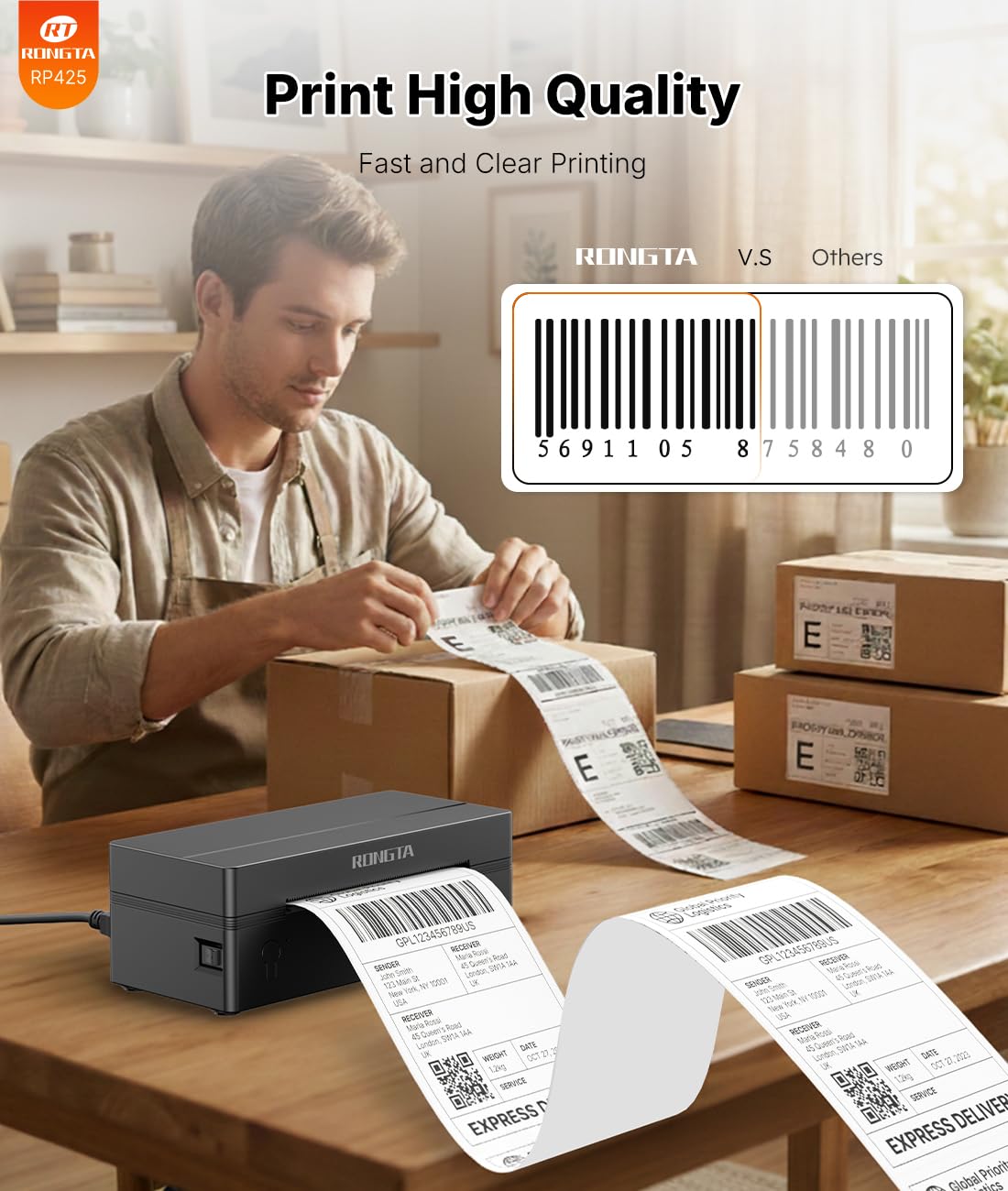 Rongta Bluetooth Thermal Shipping Label Printer, Wireless 4x6 Label Printer for Shipping Packages&Small Business, Compatible Windows/Mac/Android/iOS, Support USPS, UPS, Etsy, Shopify, RP425