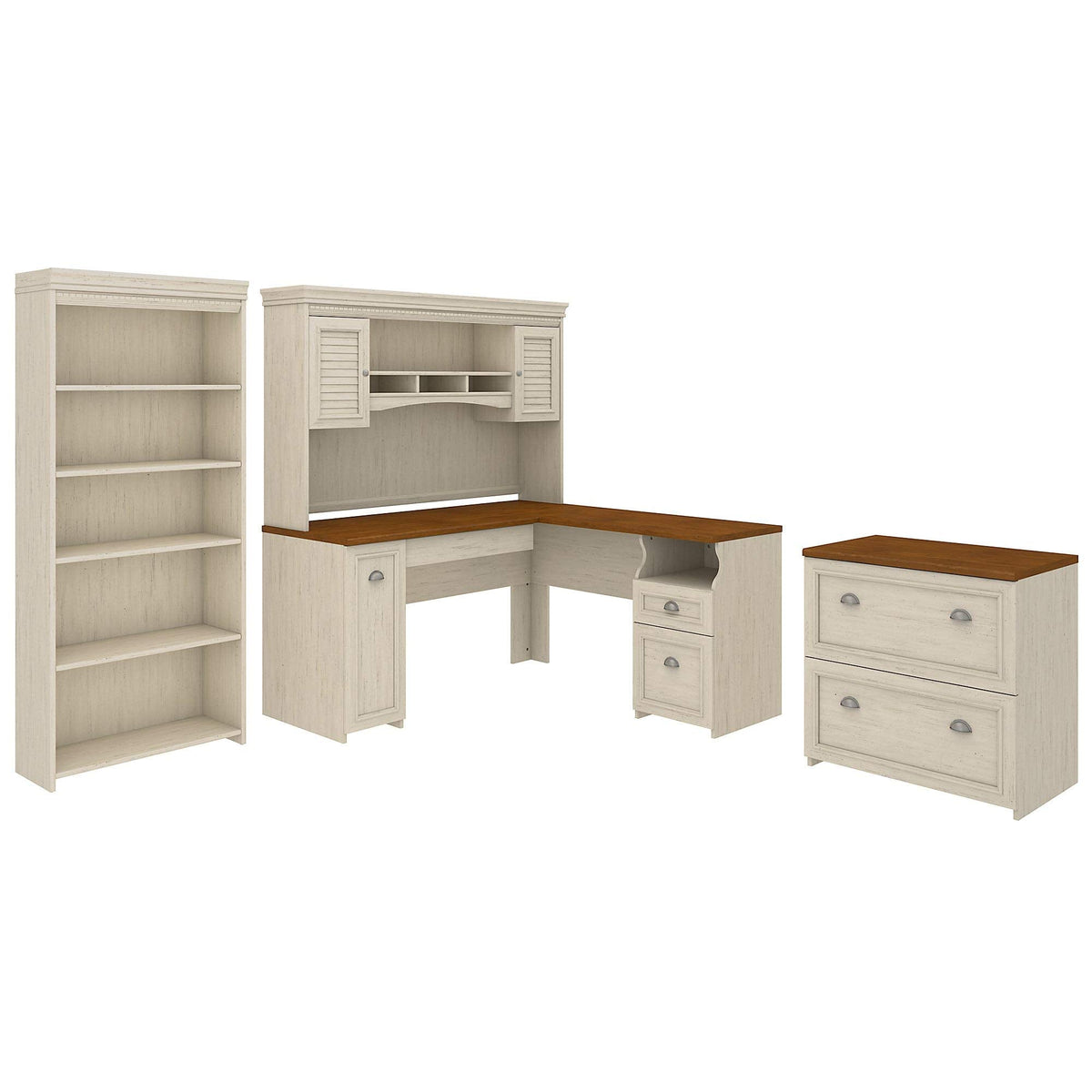 Bush Home Fairview 60W L Shaped Desk with Hutch, Lateral File Cabinet and 5 Shelf Bookcase in Antique White and Tea Maple