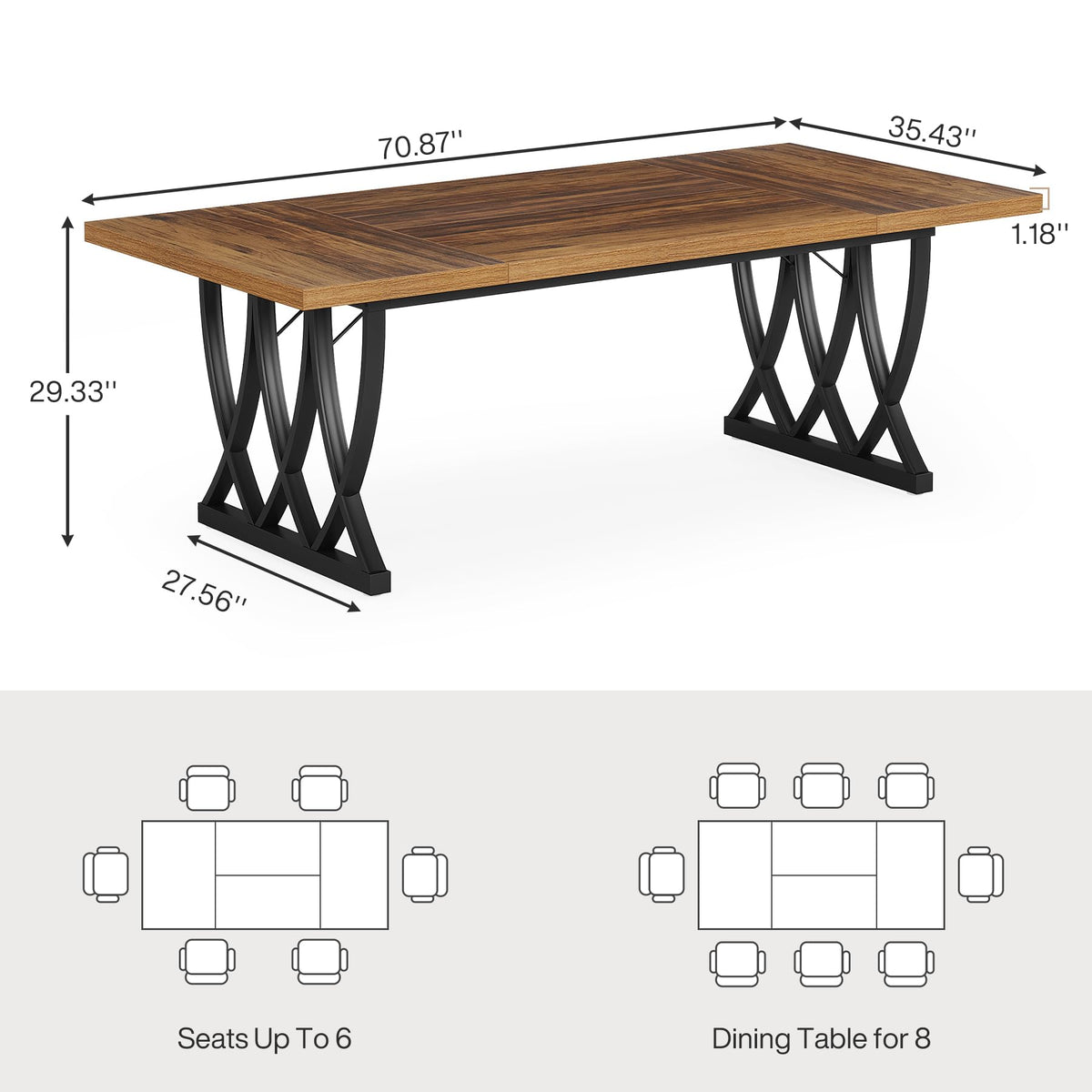 Tribesigns 6 ft Conference Table for 6-8 People, 70.86-Inch Rectangle Meeting Seminar Table with Unique Curved Metal Support for Home Office (Without Chair, Retro Brown & Black) (1)