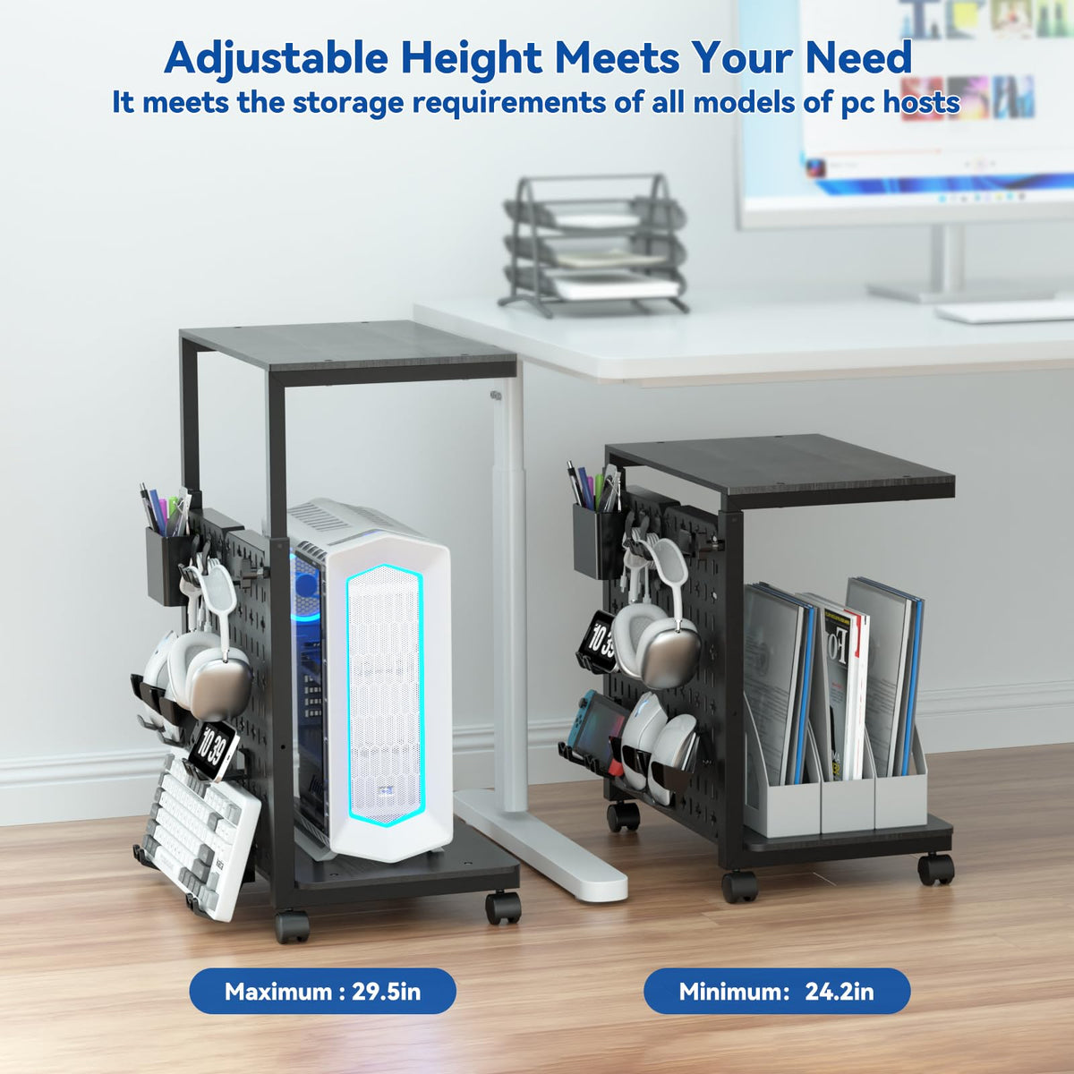 Computer Tower Stand with Pegboard Organizer, Height Adjustable 2-Tier PC Tower Shelf for Floor with Accessories, CPU Holder Cart with Locking Wheels for Most PC Gaming Home Office, 24.2-29.5"