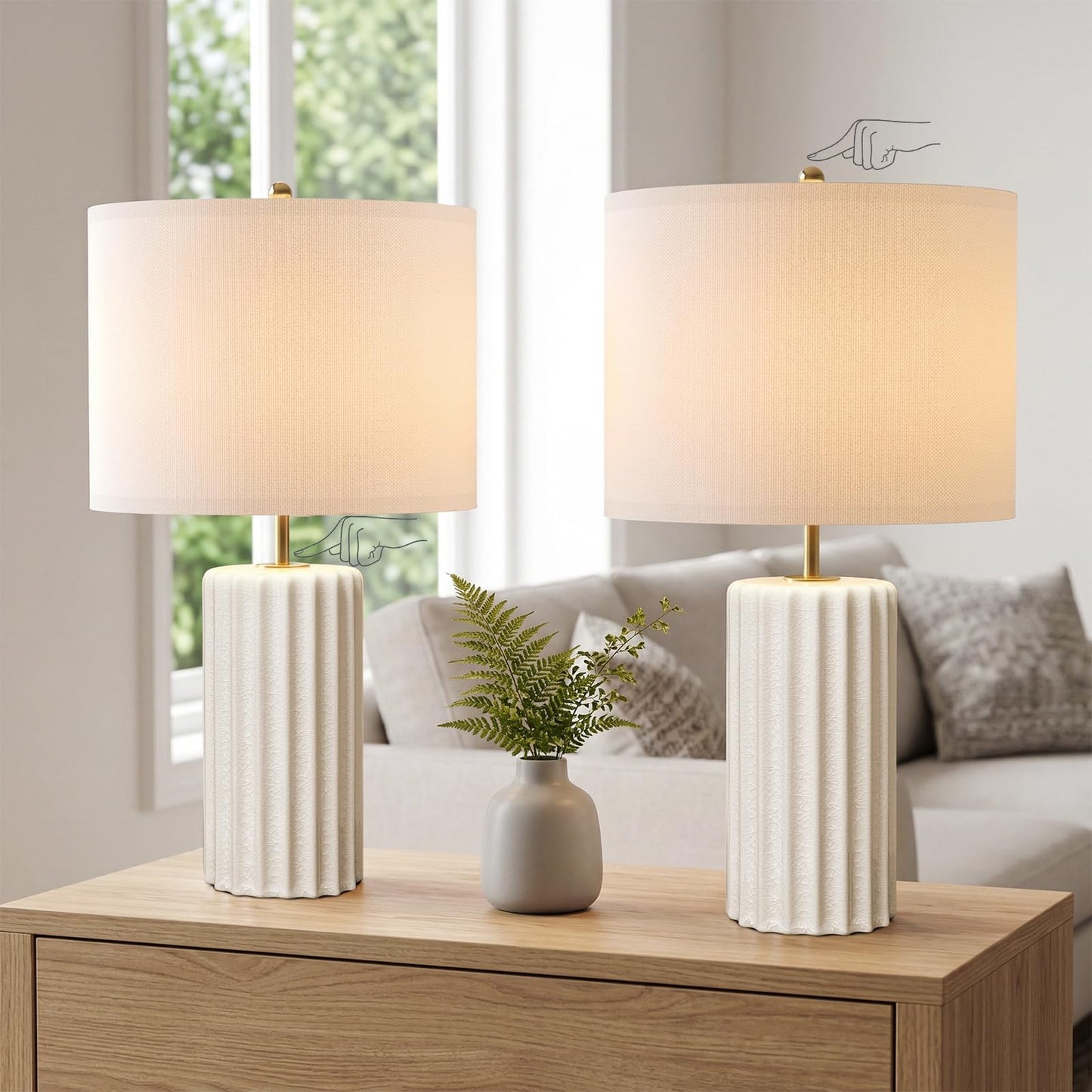 Lumspax 21" Modern Ceramic Table Lamp Set of 2 for Bedroom, Touch Control White Desk Lamps for Living Room, Farmhouse Bedside Lamps for Nightstand, End Table Lamps for Dorm Beige, Bulbs Not Included