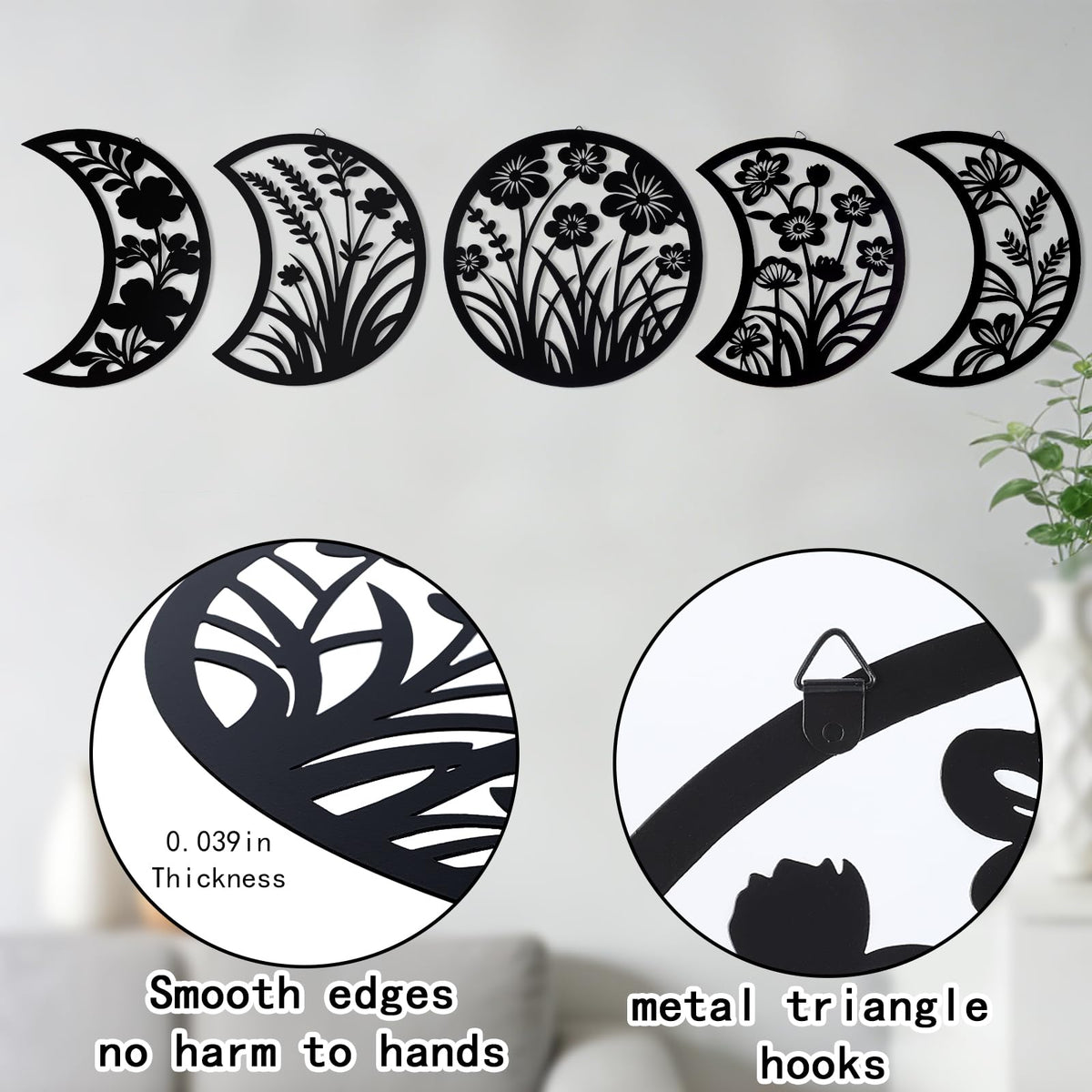Larber 5PCS Black Metal Moon Phase Wall Hanging Decor 7.5–10 inch Moon Phase Wall Art with Floral & Herb Silhouettes Boho Lunar Aesthetic Art for Bedroom Gift Bathroom Restaurant Wall