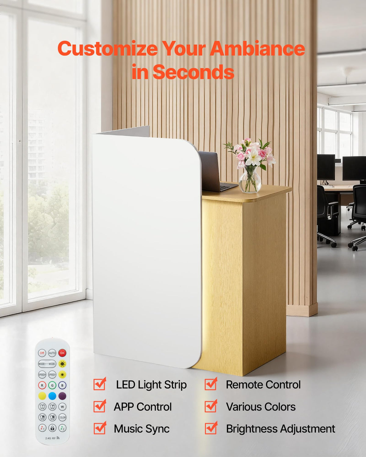 VEVOR Reception Desk, 31.5 inch Rectangular Front Counter Table, Modern Office Reception Desk with LED Light, 2 Drawers & Power Outlets, Retail Counter Table for Checkout, Lobby, Beauty Salon, Office