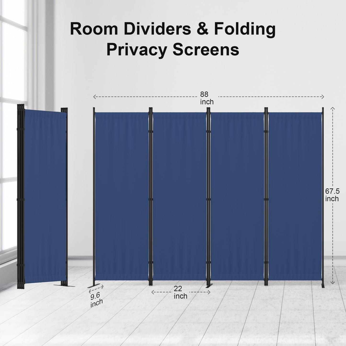 Kecreque Room Partitions and Dividers 4 Panel Portable Wall w/ 3 Wider Feet Folding Room Divider 6FT Privacy Wall Indoor as Dressing Screen for Apartment School Office Children's Separate Rooms,Blue