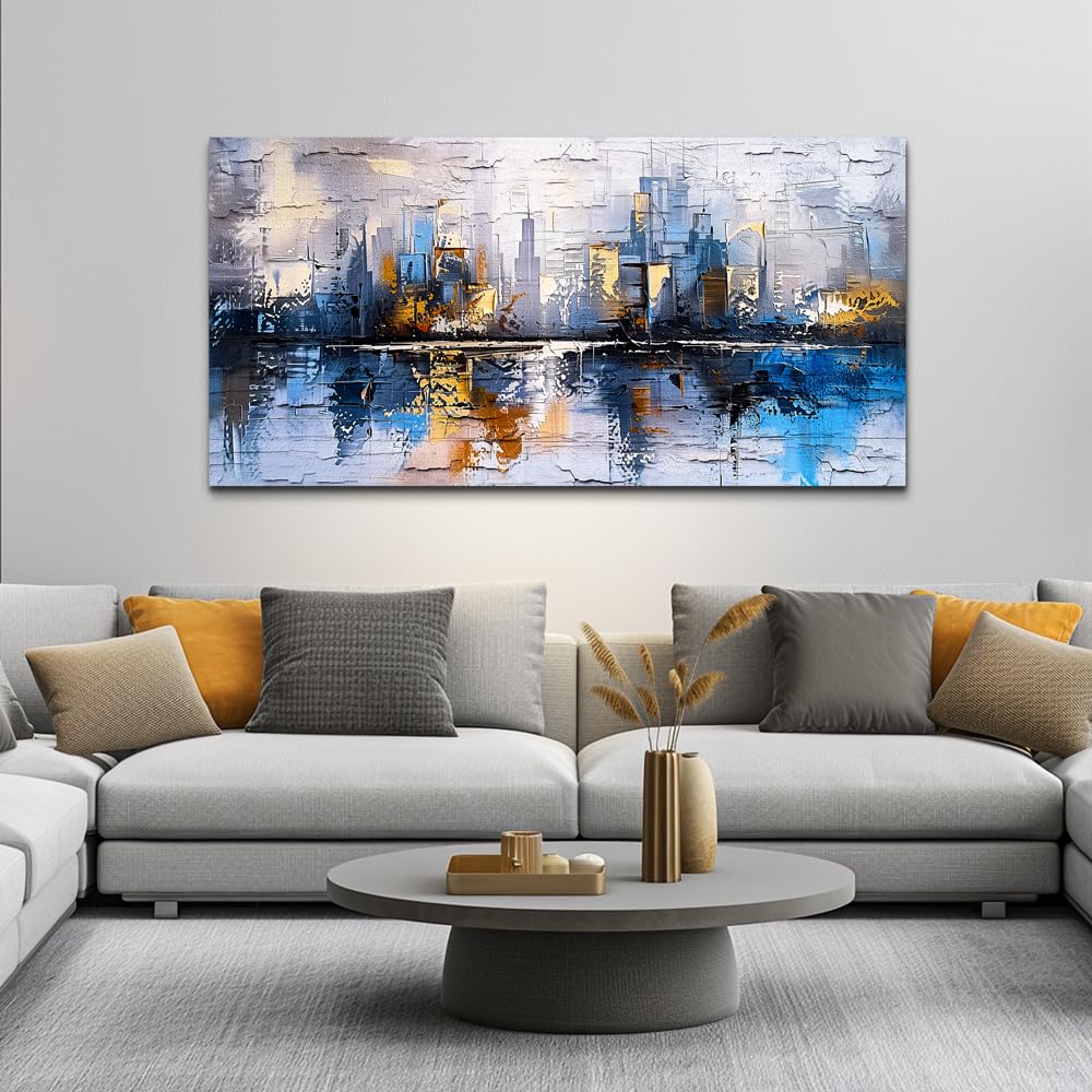 KELIYUAN Abstract City Oil Painting Large Home Decor Mural Living Room Bedroom Modern Printed Canvas Wall Art Yellow Blue Graffiti Mural Office Corridor Can Be Directly Hung Wall Decor 24 X 48 In