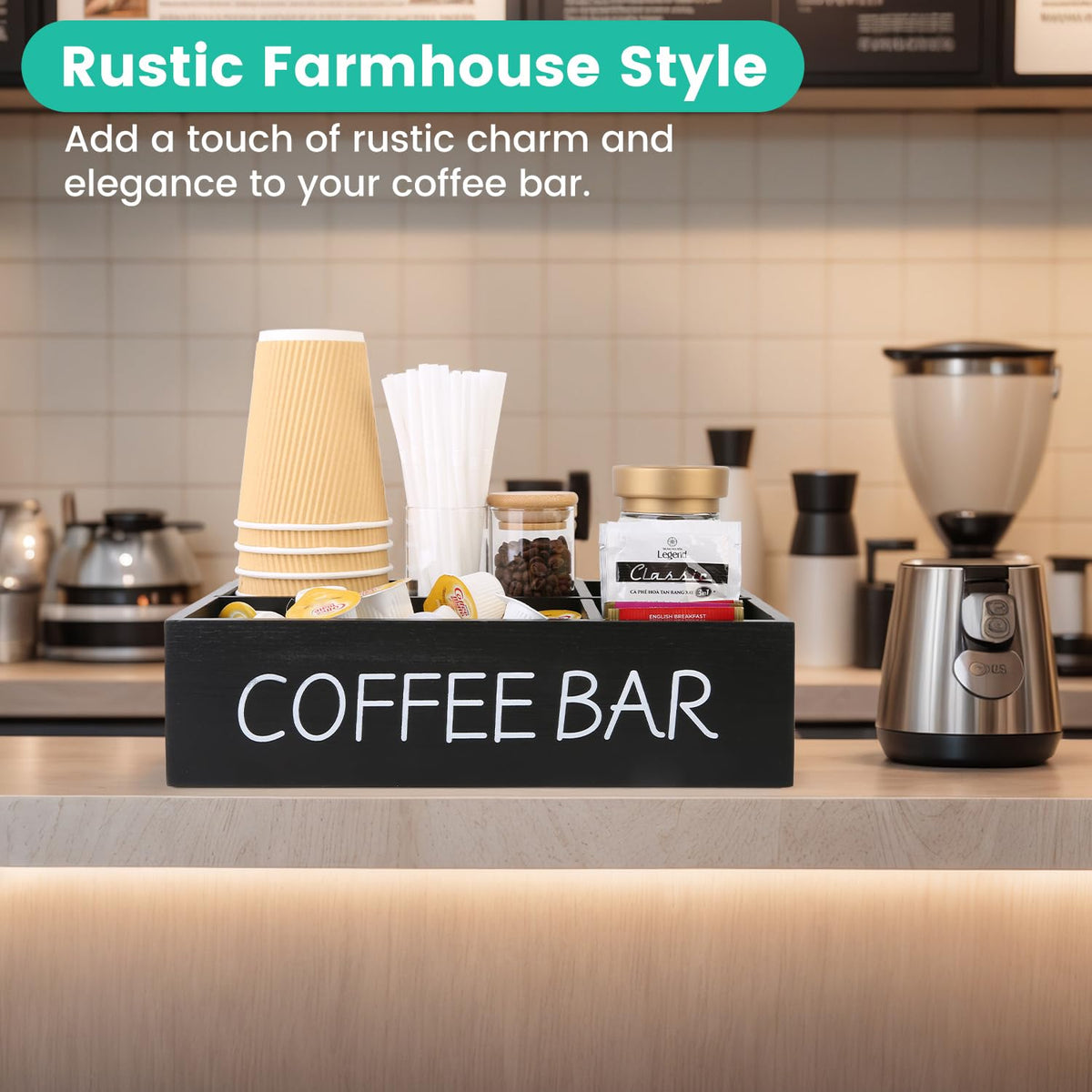 SLLPL Coffee Bar Organizer – Wooden Coffee Station with 4 Compartments, Removable Dividers, and Condiment Storage for Home & Office