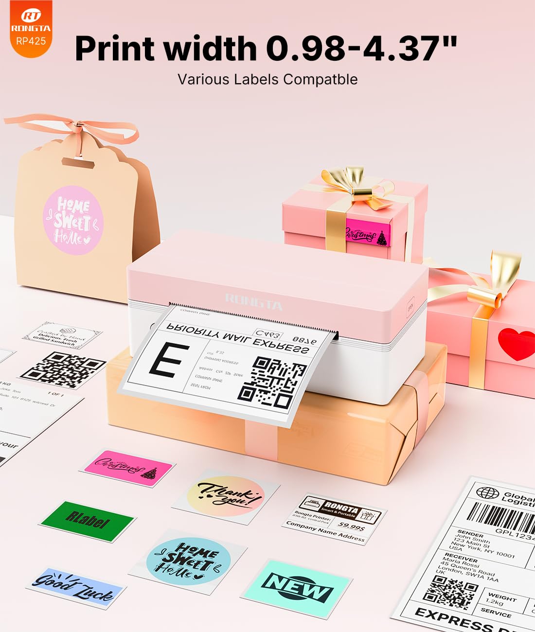 Rongta 4x6 Bluetooth Thermal Label Printer, Wireless Shipping Label Printers for Shipping Packages Small Business Office or Home, Compatible with iPhone Android iPad macOS Windows, Pink