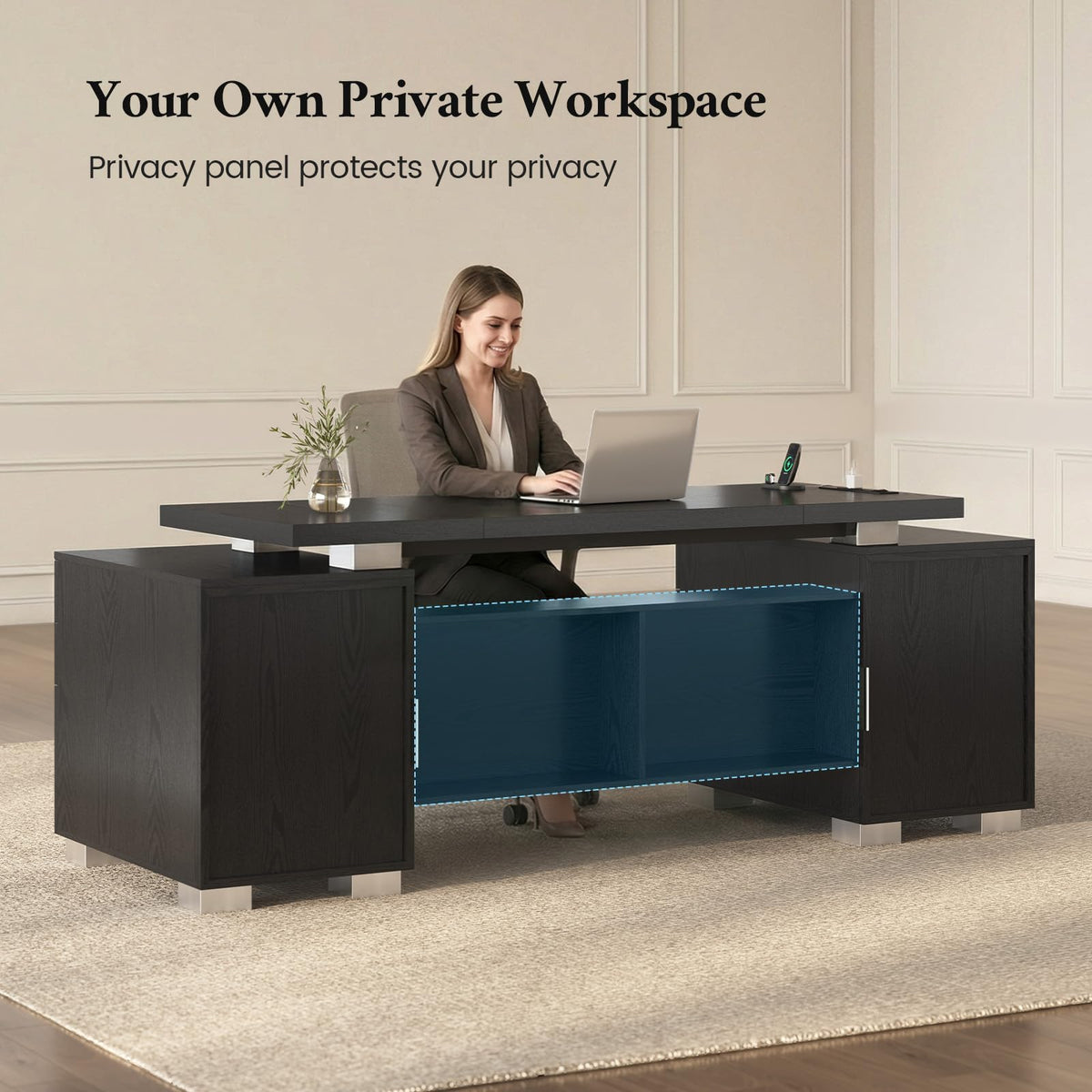ANGRYWIN 80.6" Executive Desk with Power Outlet and File Drawer, Modern Home Office Desk with 3 Large Cabinets and Privacy Panel, Business Furniture for Home Office, Living Room, Black