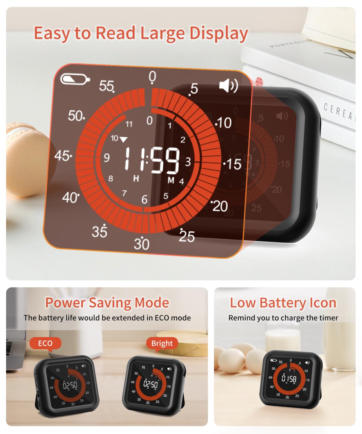 MeesMeek Digital Visual Timer - Large Display Magnetic Countdown Timer with Adjustable Volume and Brightness, 11H59M Memory Function for Kitchen, Classroom, Study Time Management, Seniors & Teachers