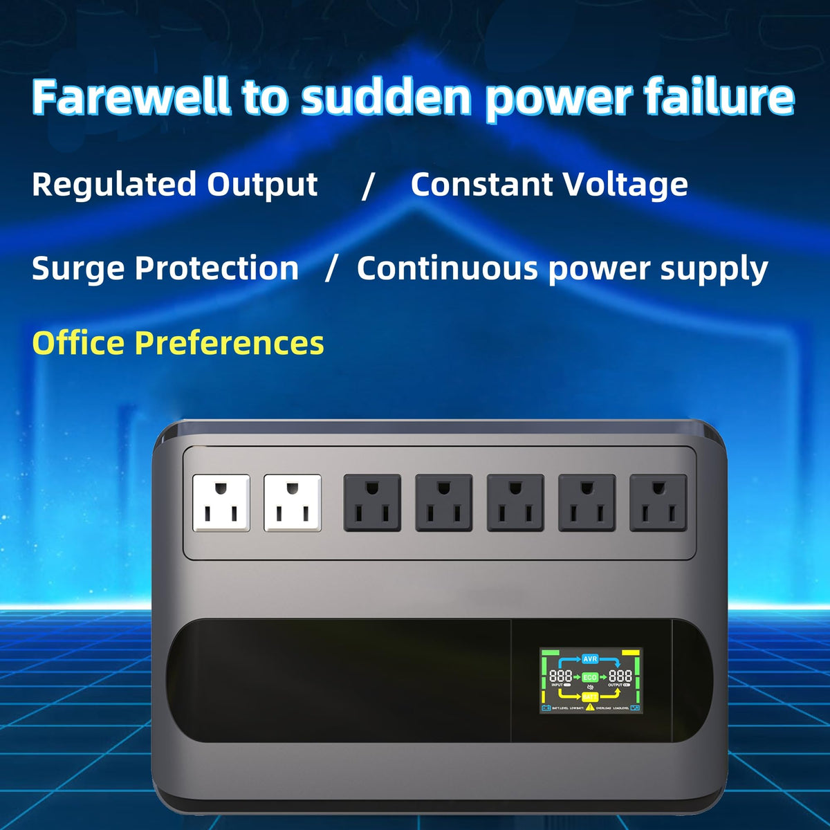 Gitroso UPS 1000VA 500W Uninterruptible Power Supply Offline Back UPS Intelligent LCD Battery Backup and Surge Protector Battery Backup for Computer GF1000