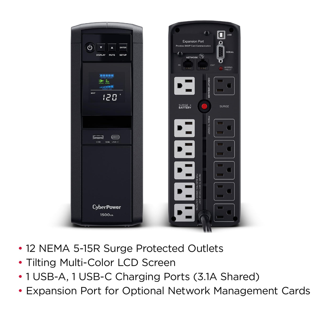 CyberPower CP1500PFCLCD PFC Sinewave UPS Battery Backup and Surge Protector, 1500VA/1000W, 12 Outlets, AVR, Mini Tower, UL Certified