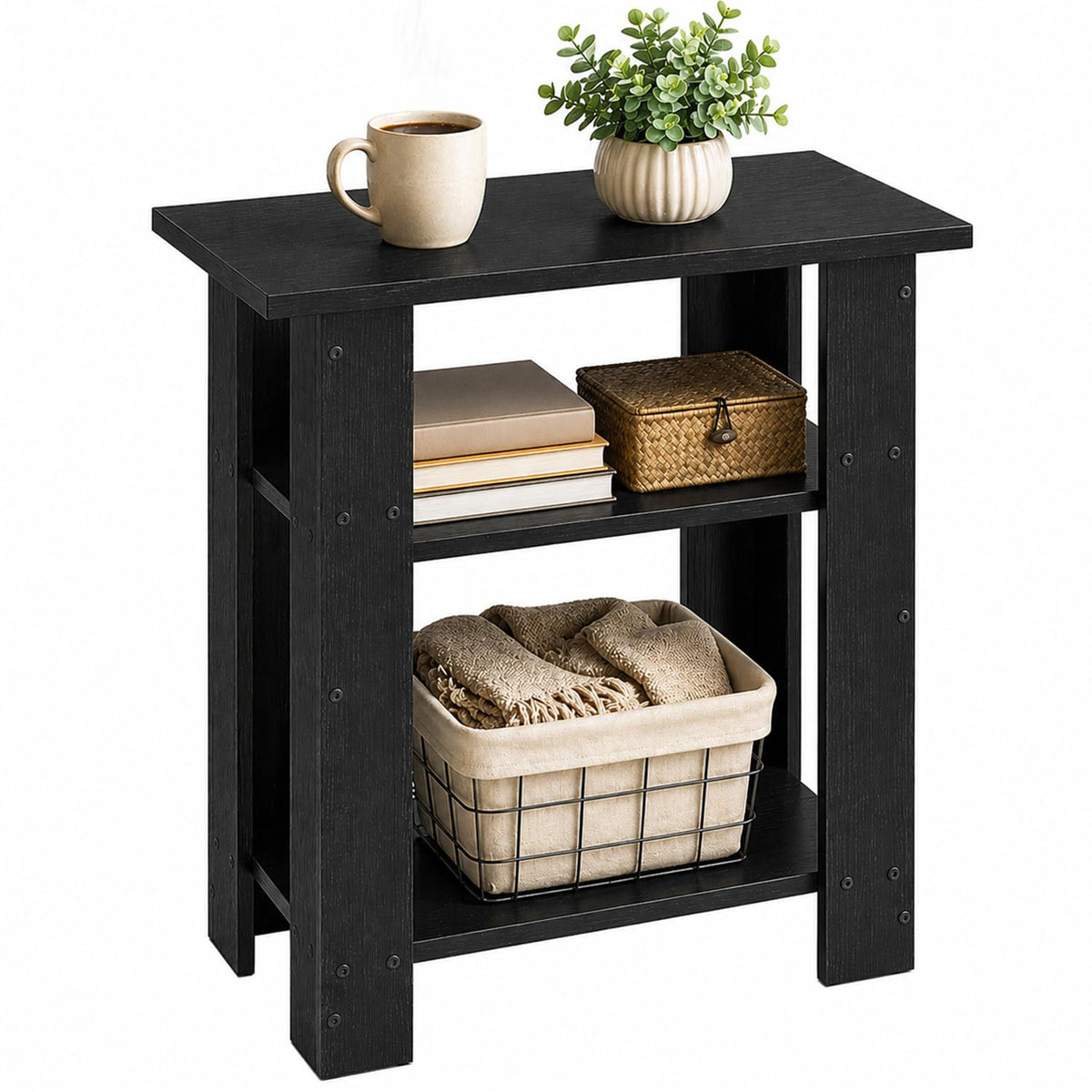 ZEXVIDA Black Side Table, 3 Tier Narrow End Table for Living Room, Modern Wood Nightstand with Storage Shelves, Small Bedside Table for Bedroom, Home Office, Small Spaces, 22.8 Inch High
